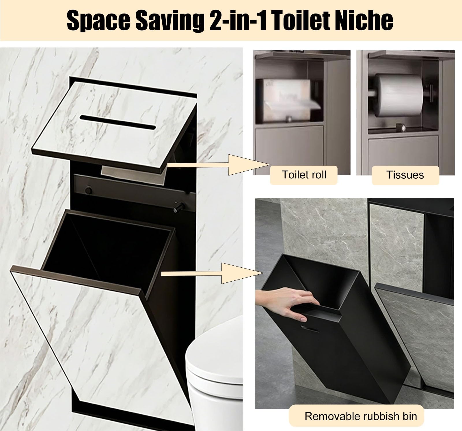 toilettenpapierhalter unterputz Versteckte WC Nischen Für Gewerbliche Und Private Duschen, Platzsparender 2 In 1 Papierhalter Mit Herausnehmbarem Abfalleimer, Duschschrank(Set of 2)