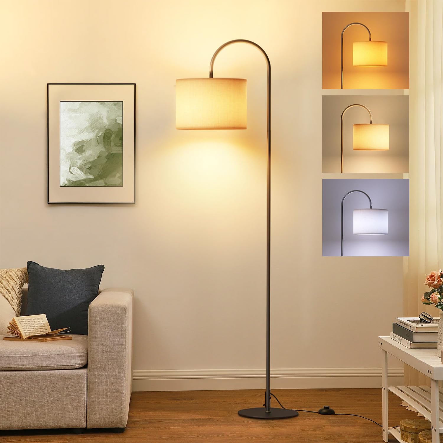 Floor Lamp for Living Room, Necomi LED Standing Lamp, 3 Colour Temperatures 3000K-6500K, Adjustable Linen Shade with 12W LED Bulb, Bedroom Office Dining Room (Beige)