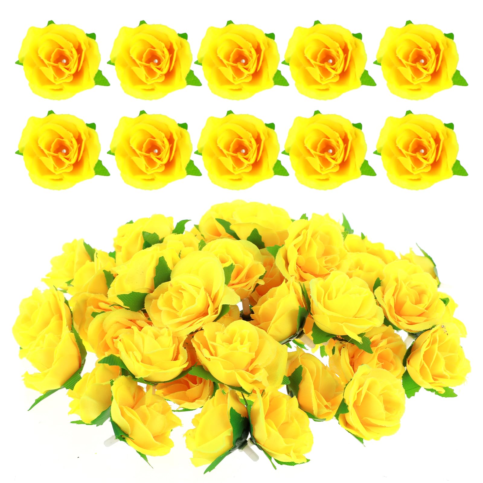 Zyghjort 50pcs Mini Yellow Roses Buds Artificial Flowers, 1.6 Inch Artificial Roses Flower Heads Small Real Silk Fake Rose Flower Heads for Decoration, Crafts, Wedding Party Home Decor