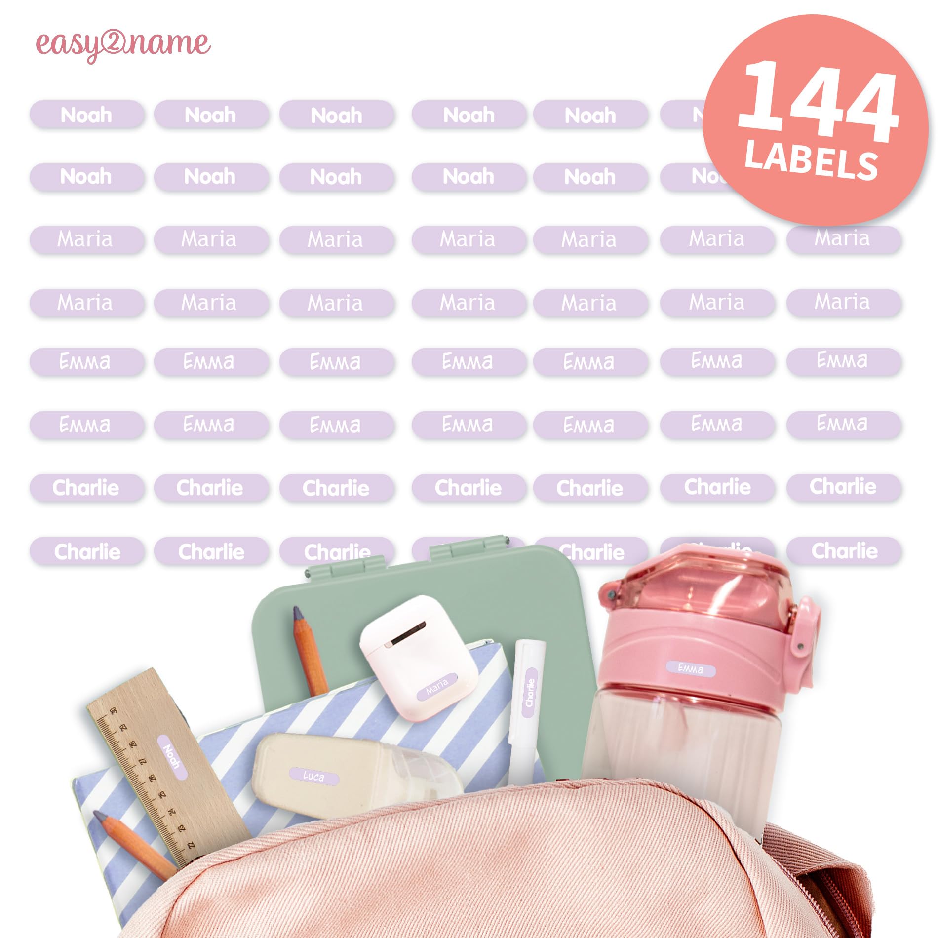 Easy2Name - Personalised mini XS Name Labels - Waterproof Name Stickers for Children and Adults - Ideal as Name Stickers in The Office, Workshop or School - 20x4mm - Coloured (Lilac, 144)