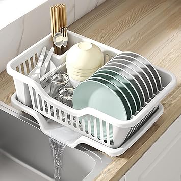 Noamus 2-Piece Plastic Dish Drying Rack, Heavy Duty Sink Set Dish Rack, White Large Drainer with Attached Drainboard Utensil Cup Holders for Home Kitchen Counter Top Organizers