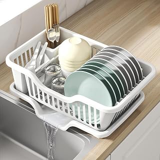 2-Piece Plastic Dish Drying Rack, Heavy Duty Sink Set Dish Rack, White Large Drainer with Attached Drainboard Utensil Cup Holders for Home Kitchen Counter Top Organizers