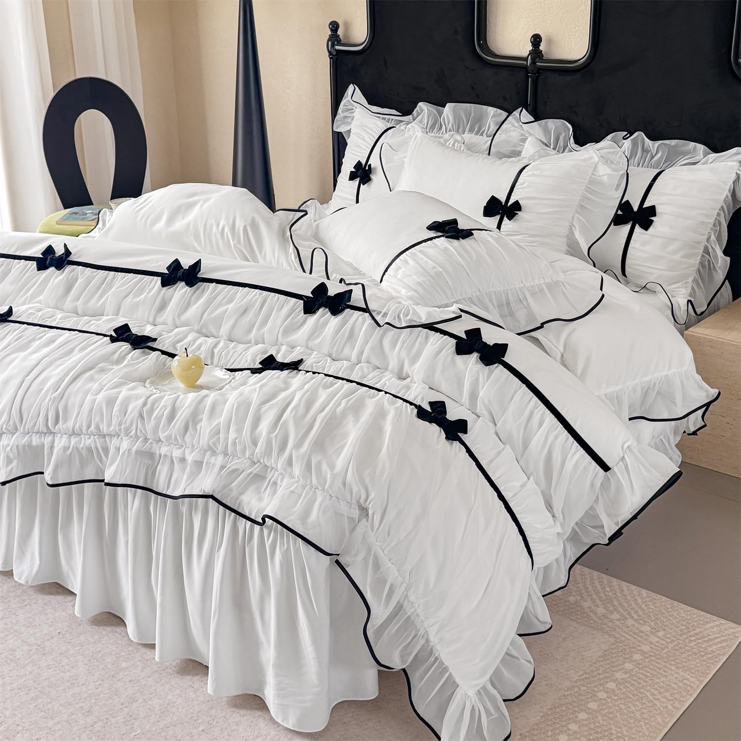 Ruffle Beddding Set with Bowtie,Girls Lace Bedding,White Queen Comforter Cover Set, Chic Ruffled Duvet Cover with Lovely Bow,Princess Style 1 Duvet Cover with 2 Pillowcases, No Comforter