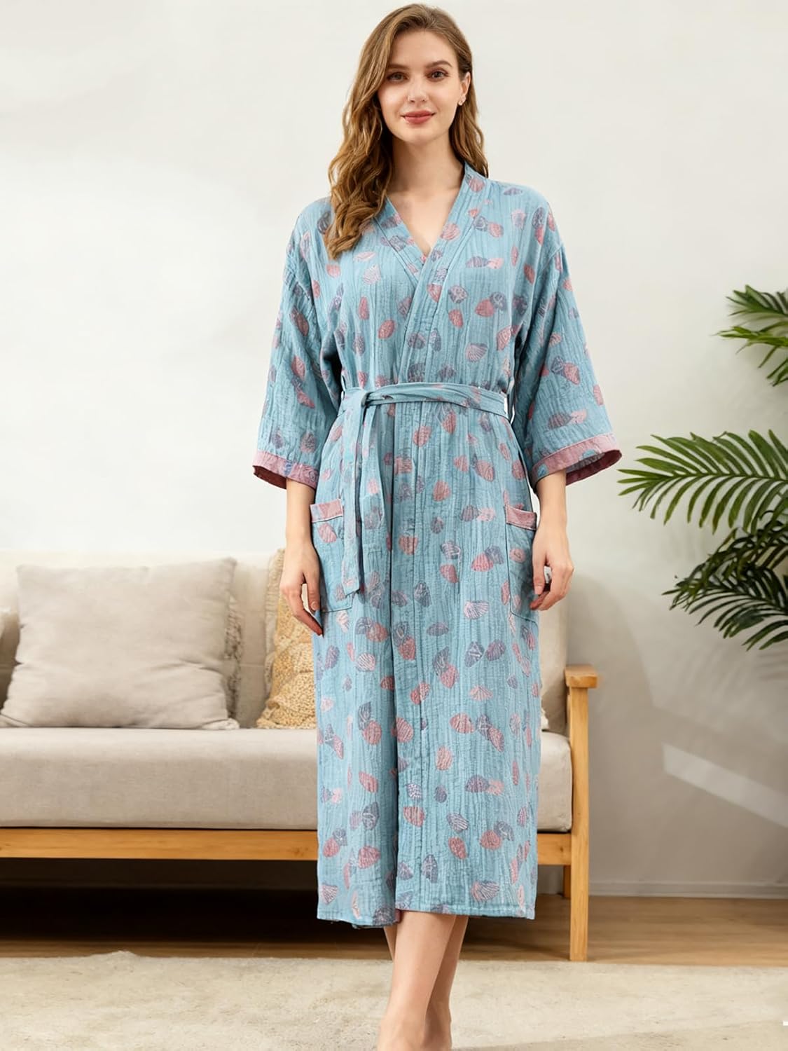 Cotton Gauze Robe for Wome Plus Size Kimono Robe Muslin Bathrobe with Belt Pocket Loungewear Yukata Sleepwear - Image 2