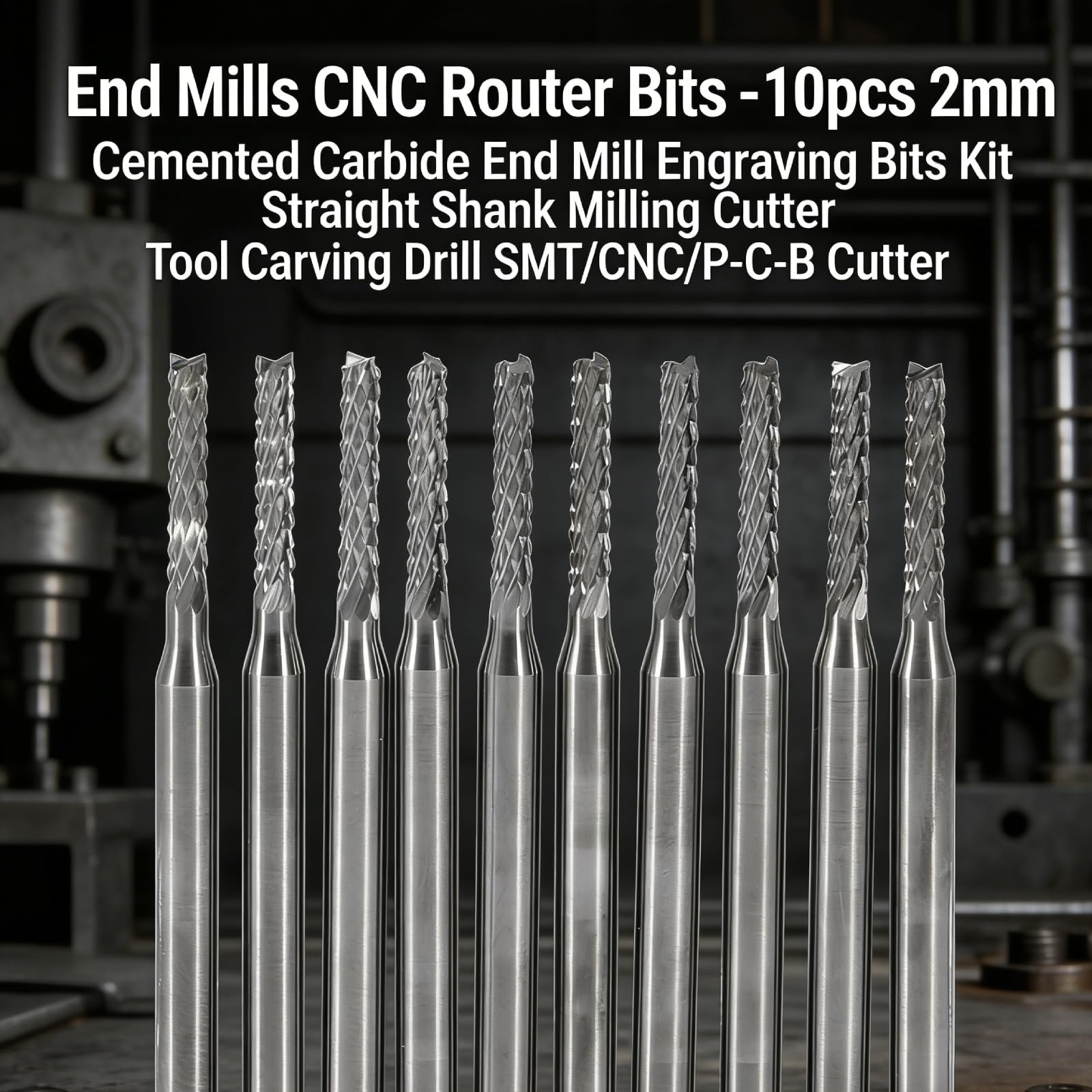 Fraises en bout CNC Router Bits - 10pcs 2mm Fraise en bout en carbure cémenté Kit de mèches de gravure Outil de fraisage à queue droite Foret de sculpture SMT/CNC/P-C-B Cutter