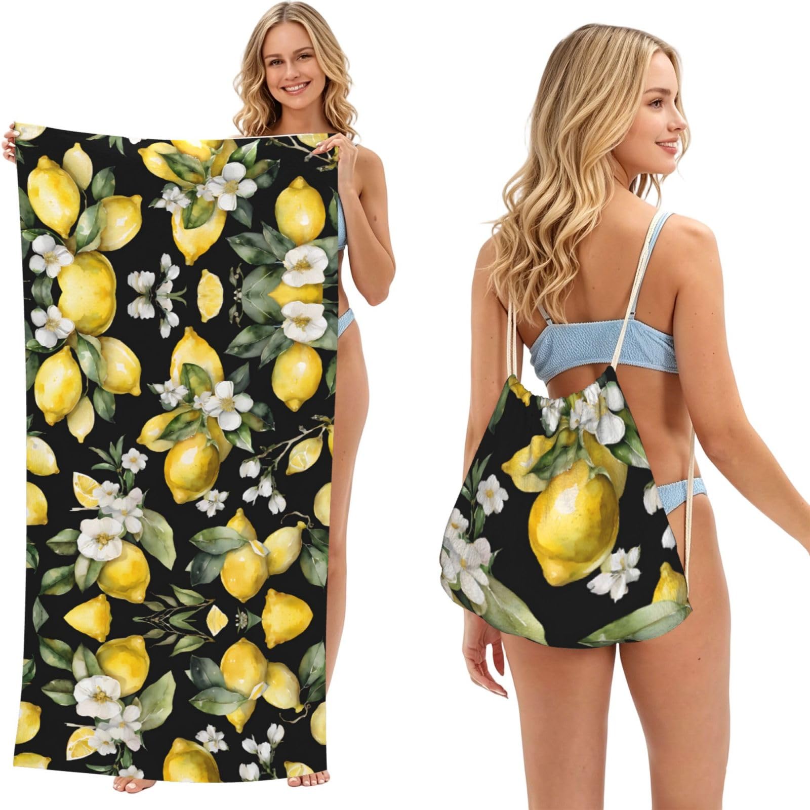 ESNAIUVCD Lemon And Flower Print Beach Towel For Adults,Towel With Drawstring Bag, Travel Pool Swimming Sports Shower Sand Free Quick Dry Bath Towel For Pool, Beach, Yoga- 180x60cm