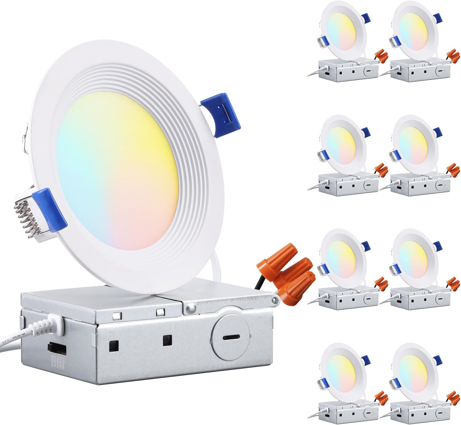 8-Pack 5CCT 4 Inch Slim LED Recessed Lighting with J Box, Aluminum, Anti-Glare Baffle Trim, 7W 580LM, CRI90 Dimmable Ceiling Downlight, Air Tight & IC Rated, 27003000350040005000K, ETL&ES