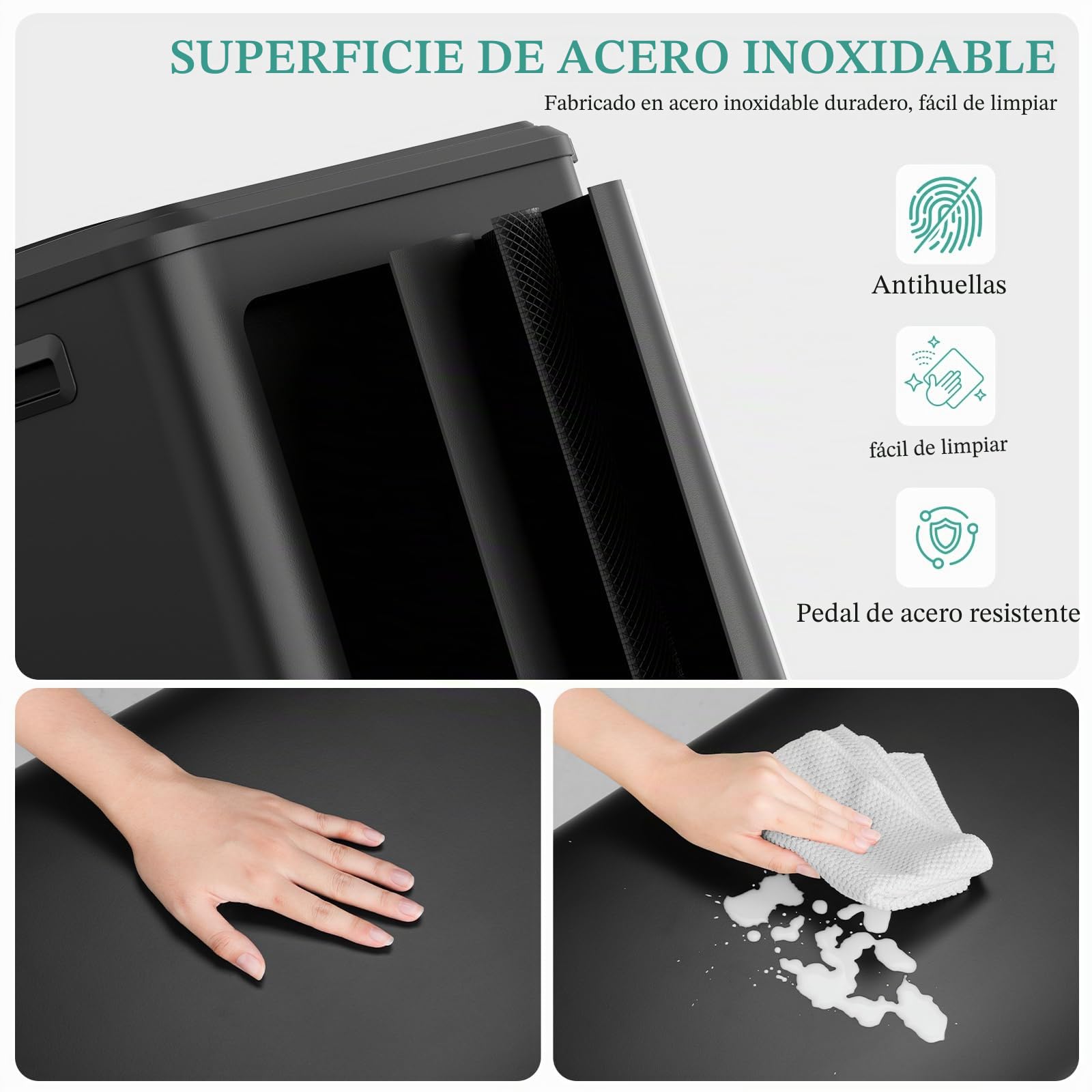LIFERUN Cubo de basura para cocina 40l, cubo de basura con cubo interior, con tapa de cierre suave, cubo de basura con pedal, de acero, pedal para oficina, familia grande, negro