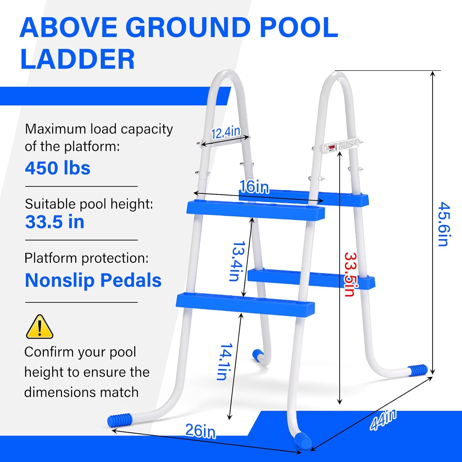 Heavy Duty Steel Frame Swimming Pool Ladder for Above Ground Pools, 2-Step Double-Sided Pool Stairs for 33.5" Height Pools, 450lbs Capacity with Anti-Slip Rubber Feet & Wide Steps
