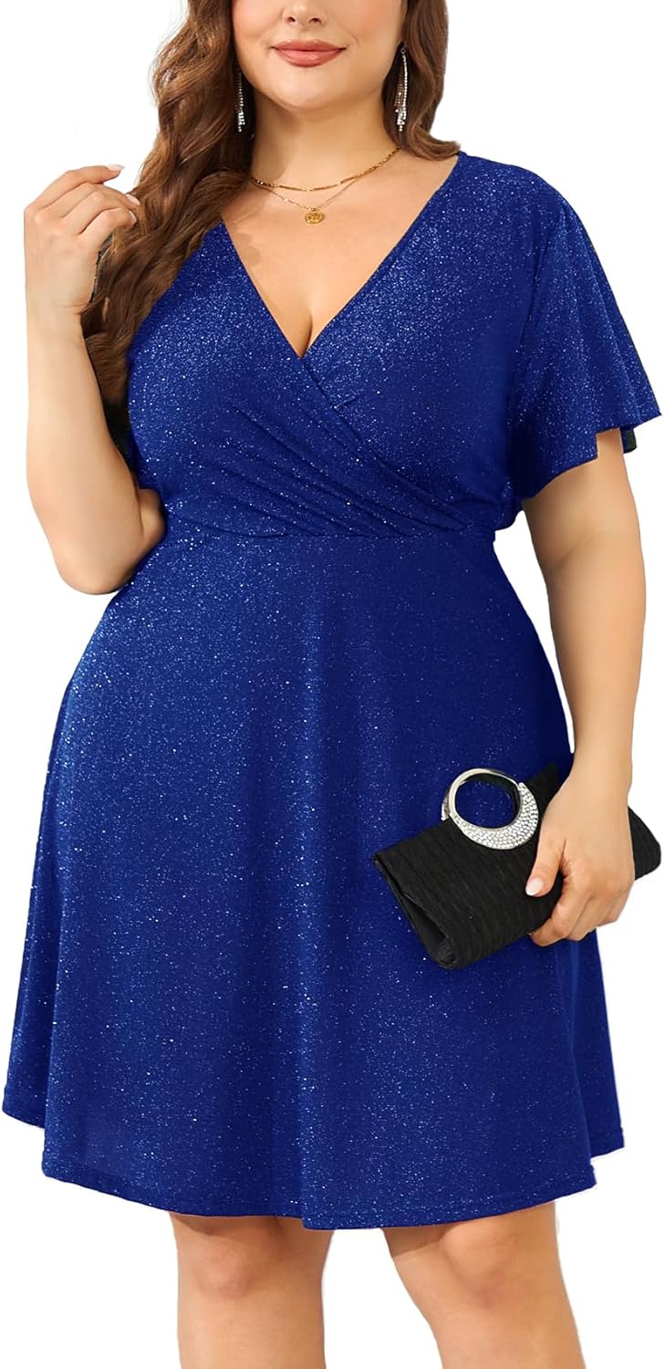 ZOMVA 2025 Plus Size 0X-4X Sparkly Glitter Wrap V Neck A Line Mini Dress Sparkle Sequin Sexy Dresses Cocktail Party Club