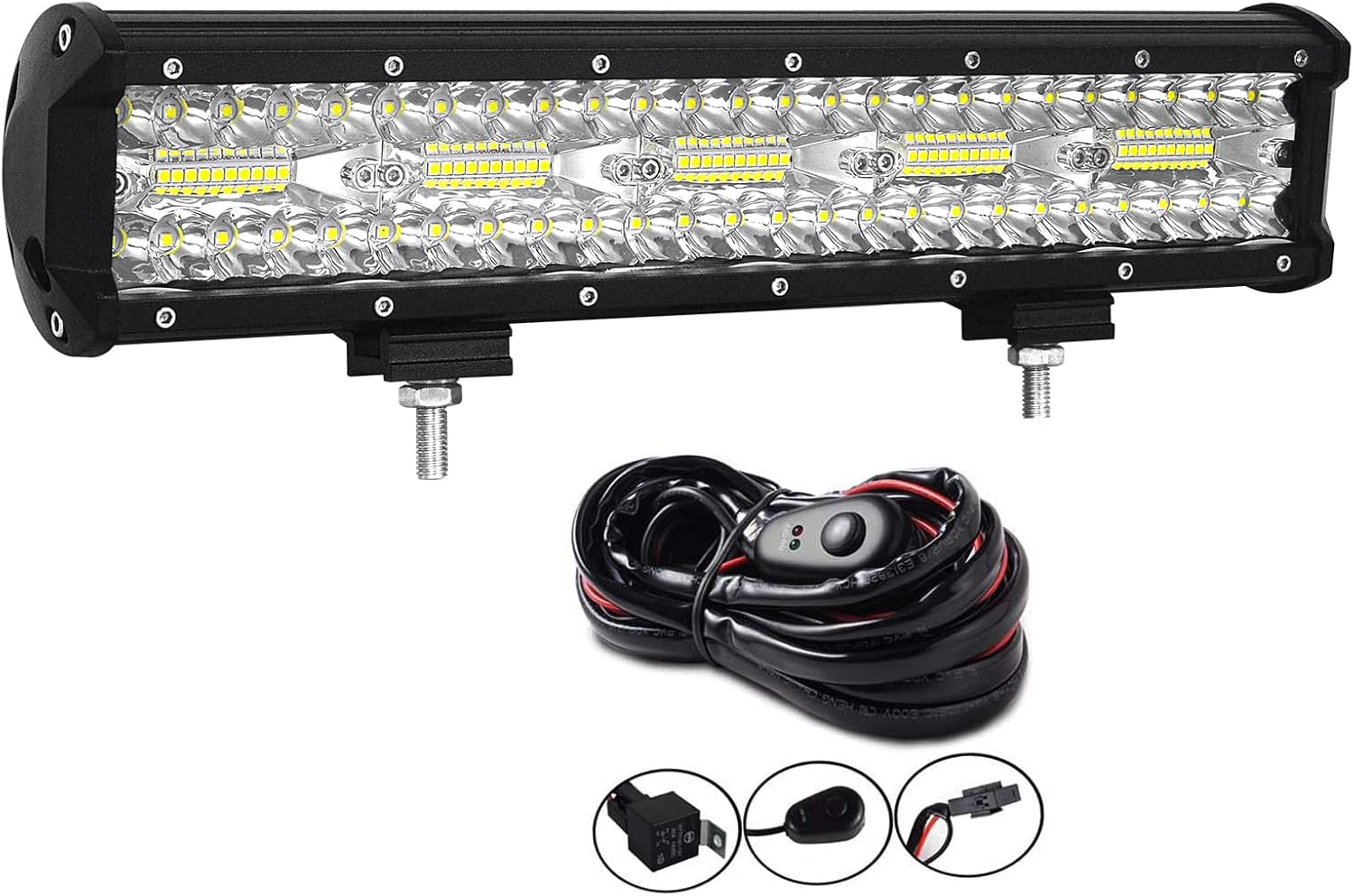 Willpower 15 inch 300W LED Light Bar Spot Flood Combo Triple Row Driving Light Off Road Lights LED Pods Cubes Rocks + Wiring Harness Kit for 4X4 4WD Car ATV UTV SUV Truck Tractor Trailer, 12V 24V DC