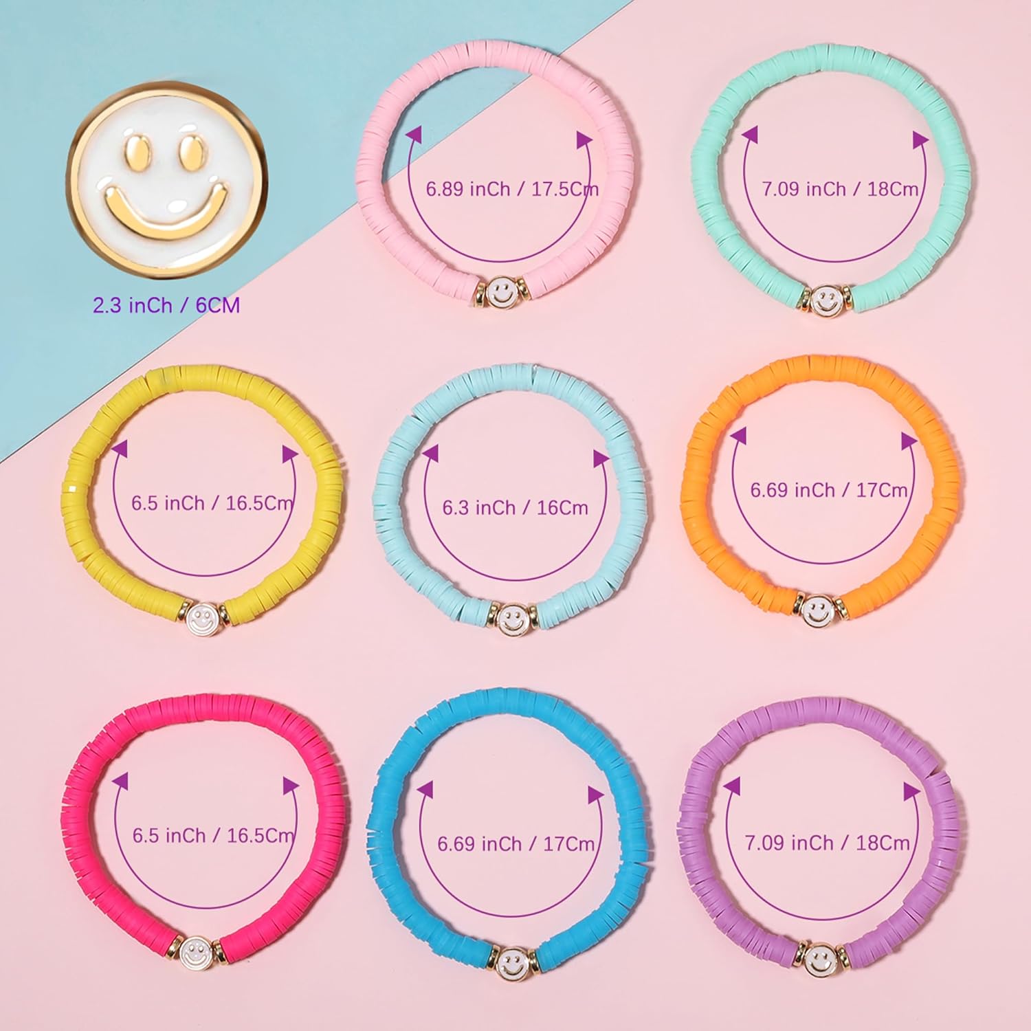 Preppy Bracelets Set Colorful White Gold Smile Heart Star Polymer Beaded Pearl Clay Stackable Charm Y2K Kidcore Aesthetic Summer Beach Bohemian Stretch Layering Bracelets Jewelry for Girls Women Teens - Image 2