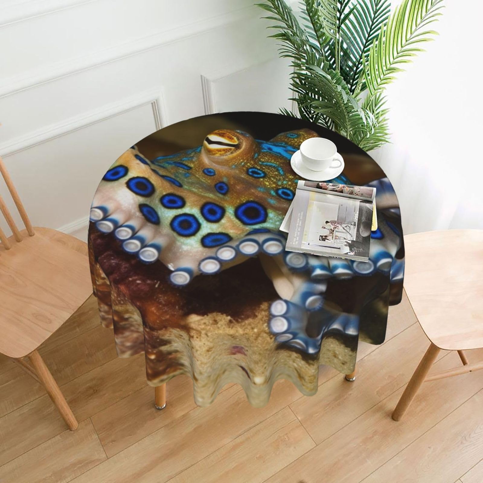 FodPand Blue Ring Octopus Tablecloths for Round Tables 60 Inch - Reusable Washable Dining Table Clothes - Stain and Wrinkle Resistant Decorative Fabric Table Cover for Wedding Party
