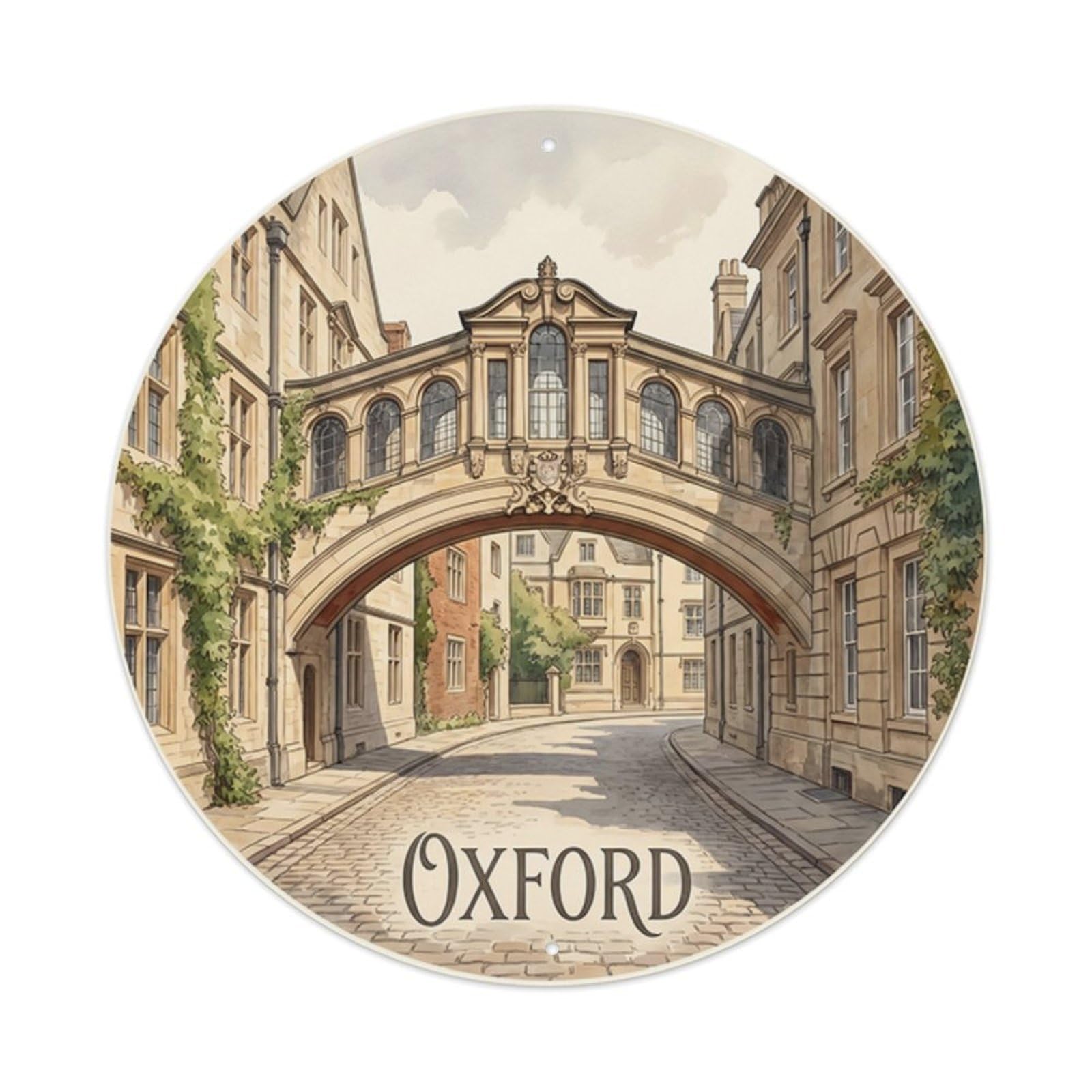 Oxford Bridge Of Sighs Vintage Travel Landmark Cityscape Metal Tin Sign Plaque Wall Decor for Cafe, Man Cave, Club Bar, Office, Home Garden Round Metal Poster 8x8Inch