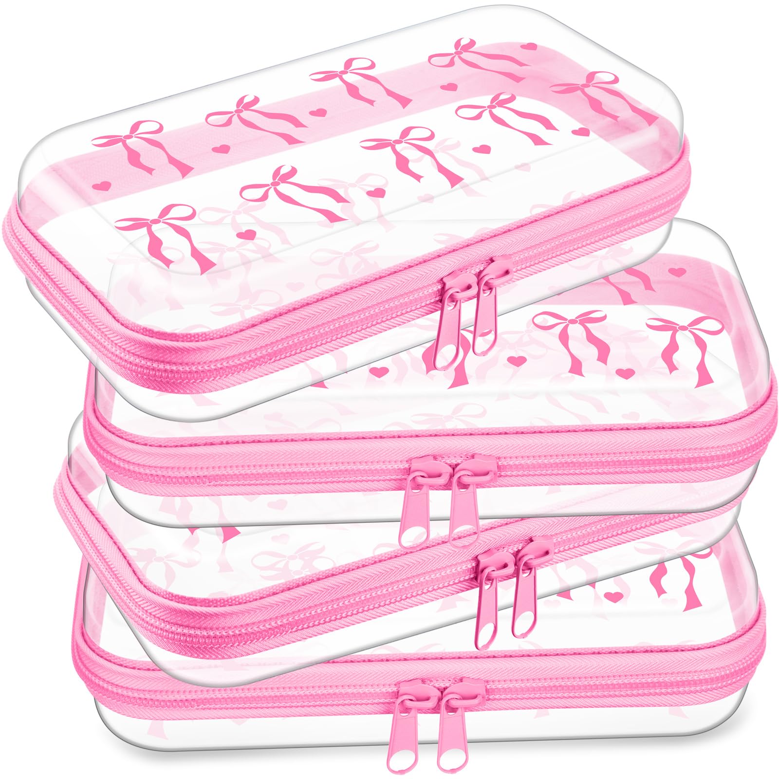 Hoolerry 4 Pcs Hard Plastic Zipper Case Bow Pink Clear Makeup Bags