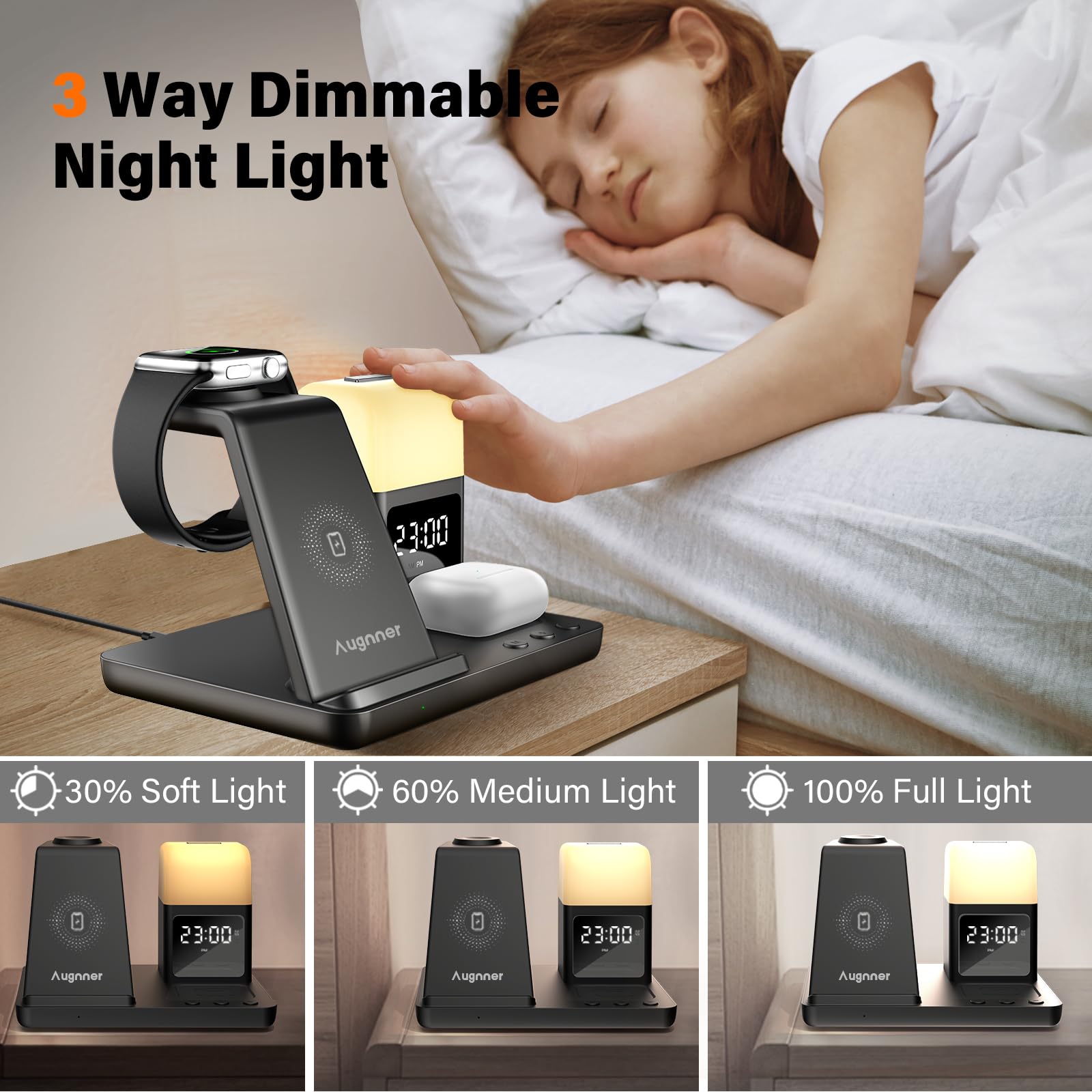 Augnner Caricatore Wireless Con lampada notturna e sveglia,6 In 1 Caricabatterie Wireless Induttiva Compatibile Con iPhone 16 15 14 13 12 11 XS/XR/X/8/8 Plus, Apple Watch, AirPods 4/3/2/Pro