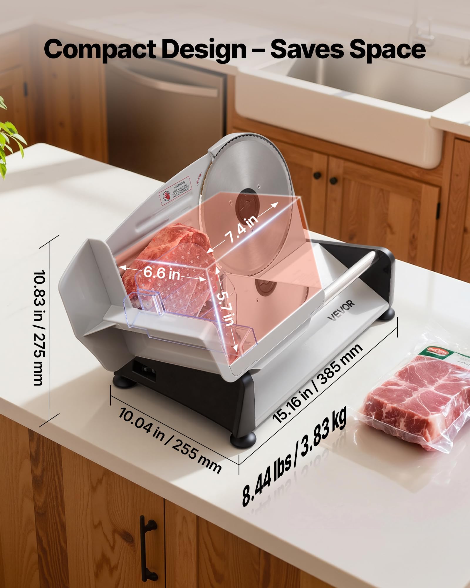 VEVOR Cortafiambres Eléctrico 200 W, Cortadora de Fiambre con Cuchilla Afilada de 190 mm, Velocidad de Corte de 70 a 100 RPM, Grosor Ajustable de 0 a 15 mm, para Carne Congelada, Jamón, Baguette