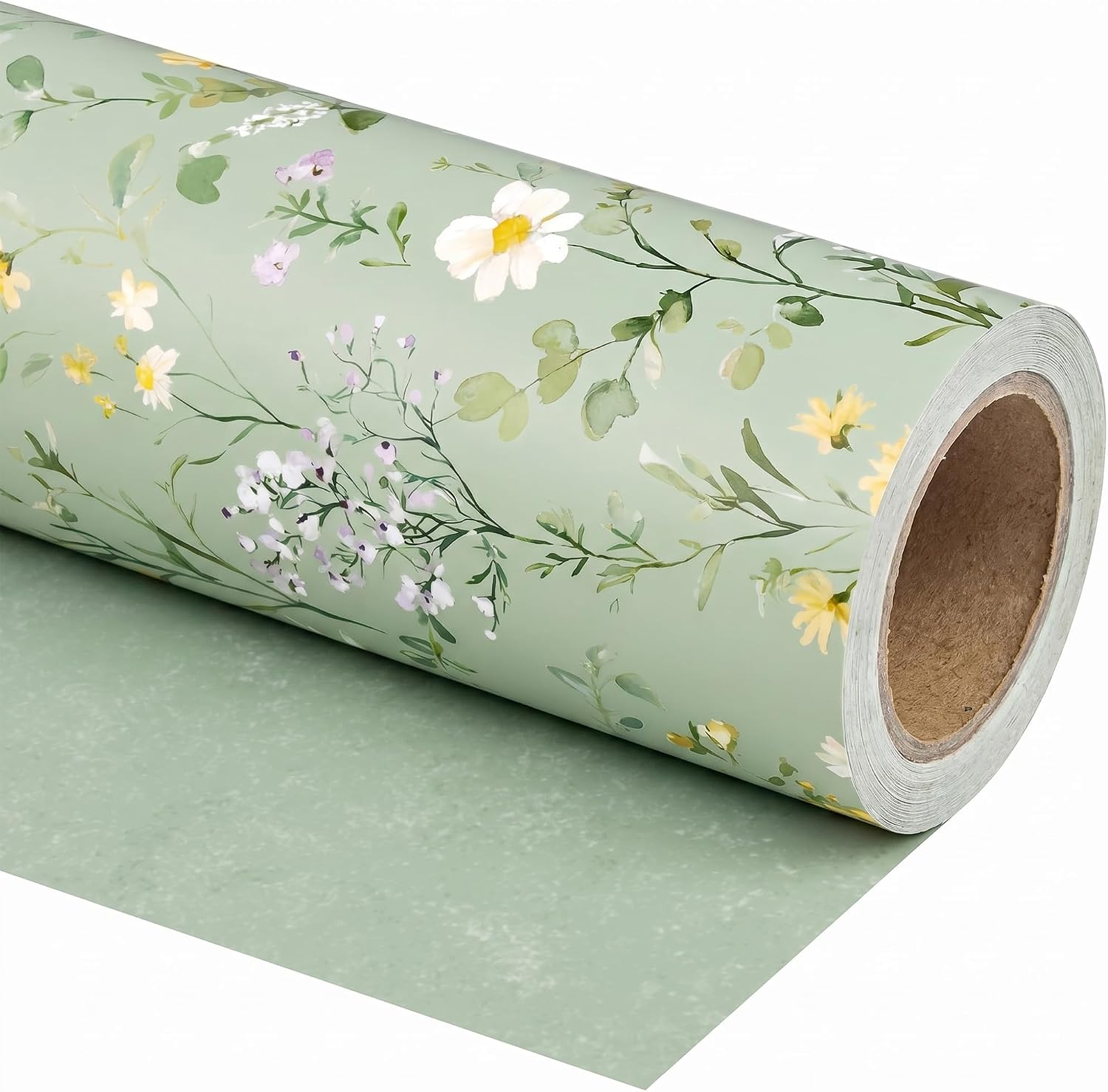 SaringSwoon Sage Green Floral Wrapping Paper Roll - Revesible Watercolor Wildflower Gift Wrap for Wedding, Bridal Shower, Birthdays, Baby Showers, Mother's Day - 17.5" × 26 Ft