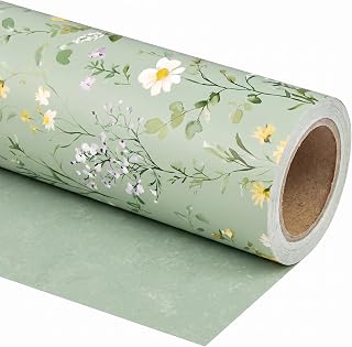 SaringSwoon Sage Green Floral Wrapping Paper Roll - Revesible Watercolor Wildflower Gift Wrap for Wedding, Bridal Shower, Birthdays, Baby Showers, Mother's Day - 17.5" × 26 Ft