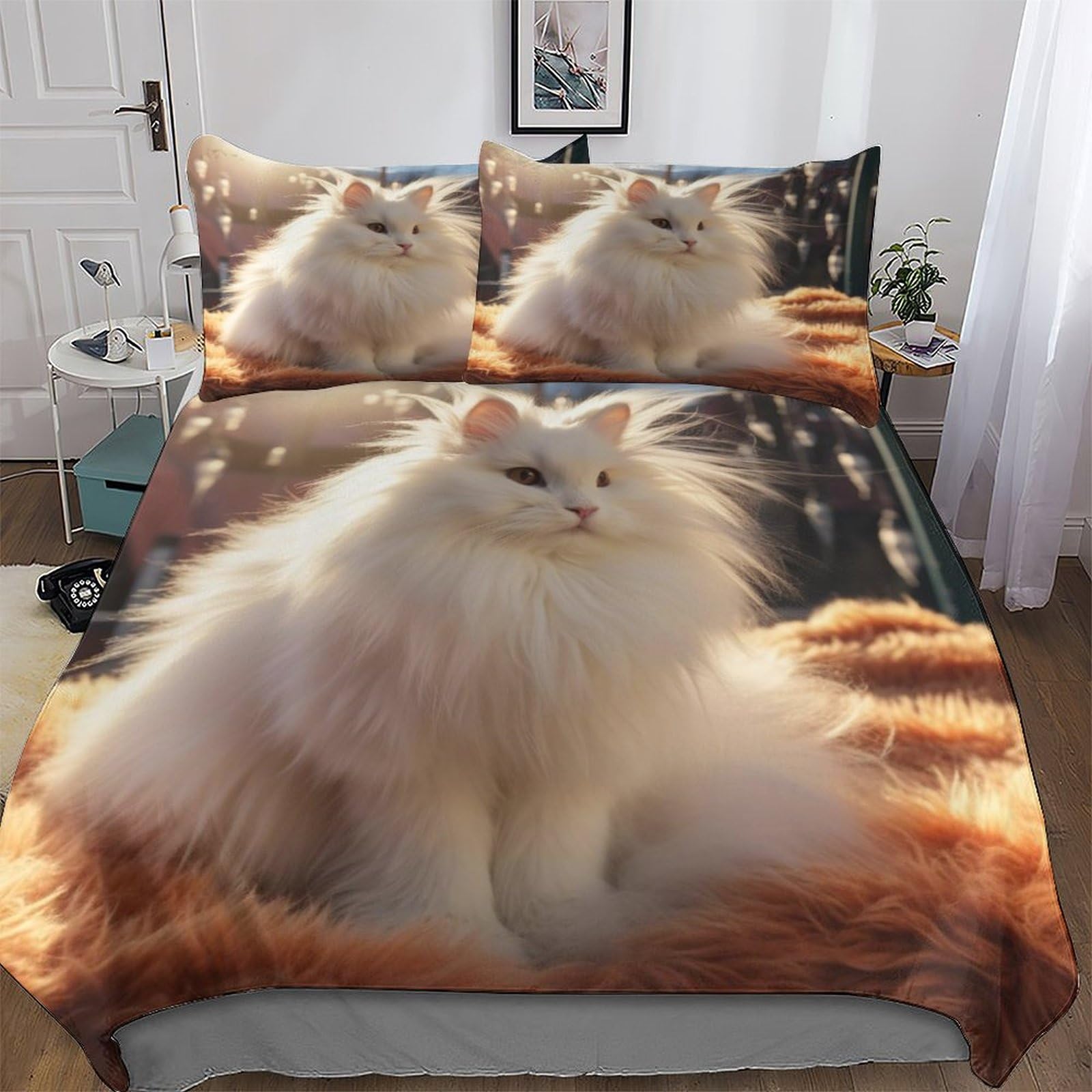 Parure de lit chat 200x200cm hypoallergénique en microfibre coton avec sa taie d'oreiller assortie