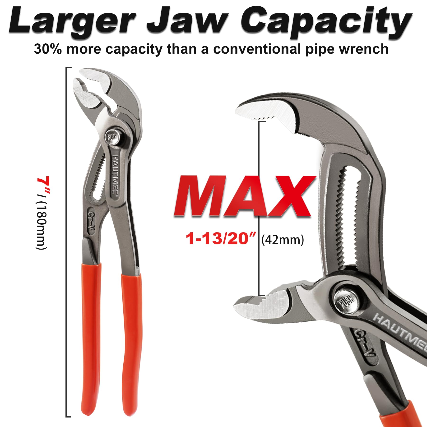 HAUTMEC 180mm(7") Water Pump Pliers, Fast Adjustable Tongue and Groove Joint Pliers, V-Jaw with Comfort Grips - Image 3