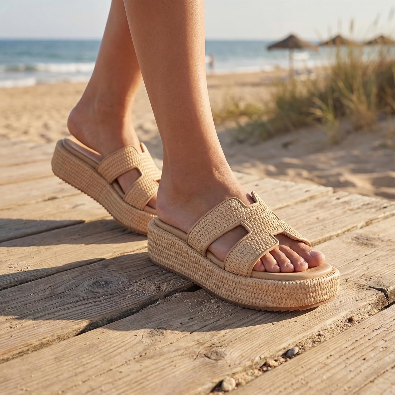 Monrovia Raffia Platform Sandals for Women Slip-On Espadrille Wedges Slides, Flatform Woven Straw Summer Vacation Beach Shoes - Image 2