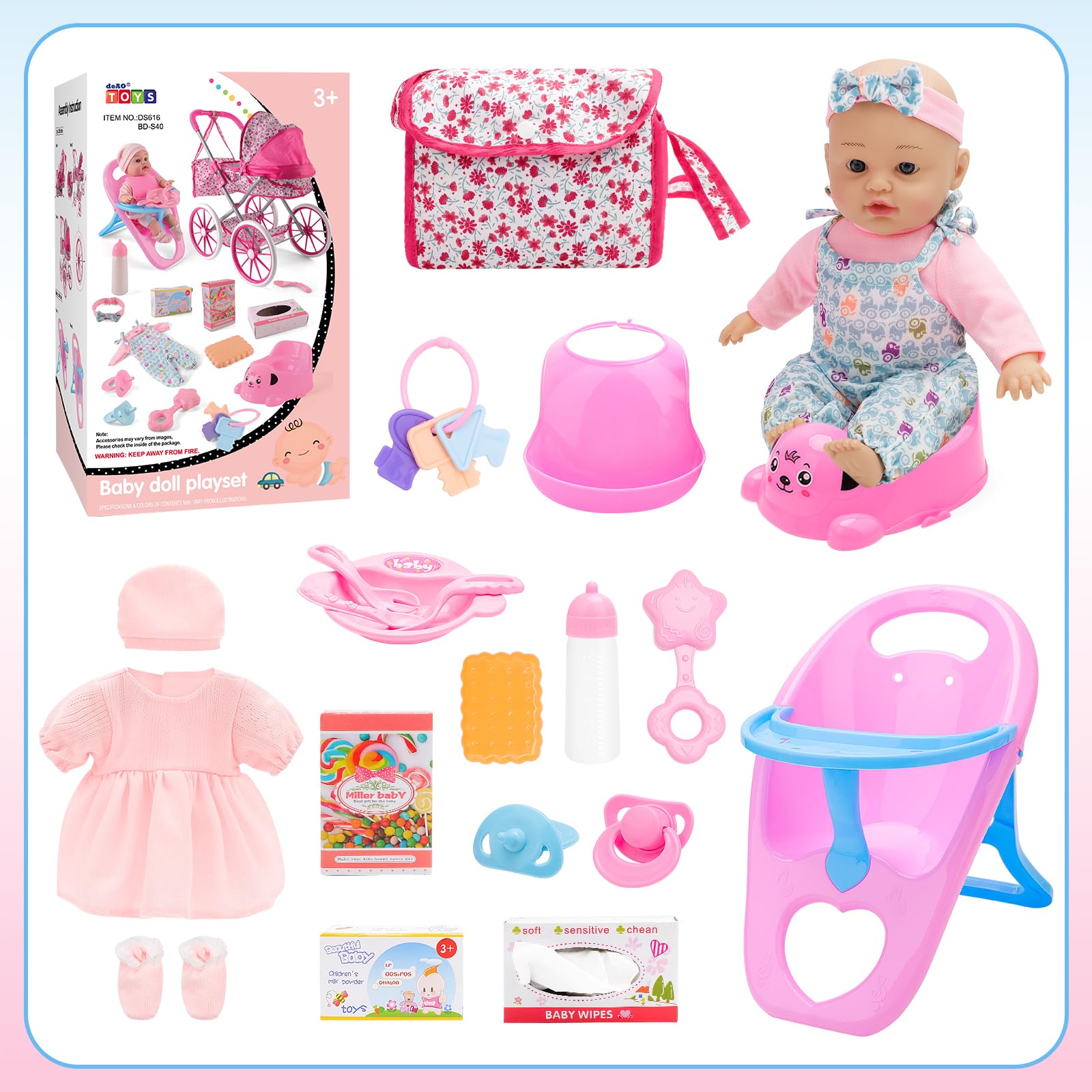 deAO Carrozzina Bambole con Bambola 30 cm, Seggiolone e Accessori Passeggino Giocattolo per Bambina dai 3 Anni, con Cestino Portaoggetti e Borsa Giocattolo Educativo per Bambina 3+ Anni