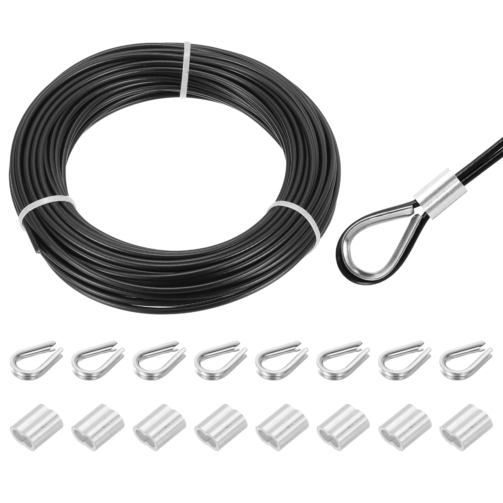 QUARKZMAN 66ft Cavo In Acciaio Inossidabile 304, 4mm Rivestito In Vinile Con 8 Pezzi Di Ghise In Alluminio E Girella Per Ringhiere, Pavimentazioni, Appendere, Stendibiancheria, Nero 20m