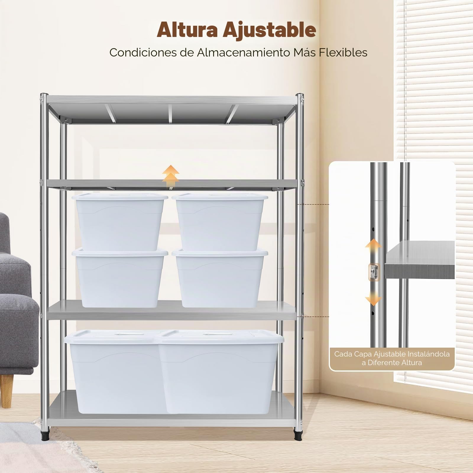 Estantería de acero inoxidable con 4 estantes, para cargas pesadas, 120 x 40 x 150 cm, de acero inoxidable, para cocina, de metal, de almacenamiento, para catering, altura regulable, hasta 50 kg