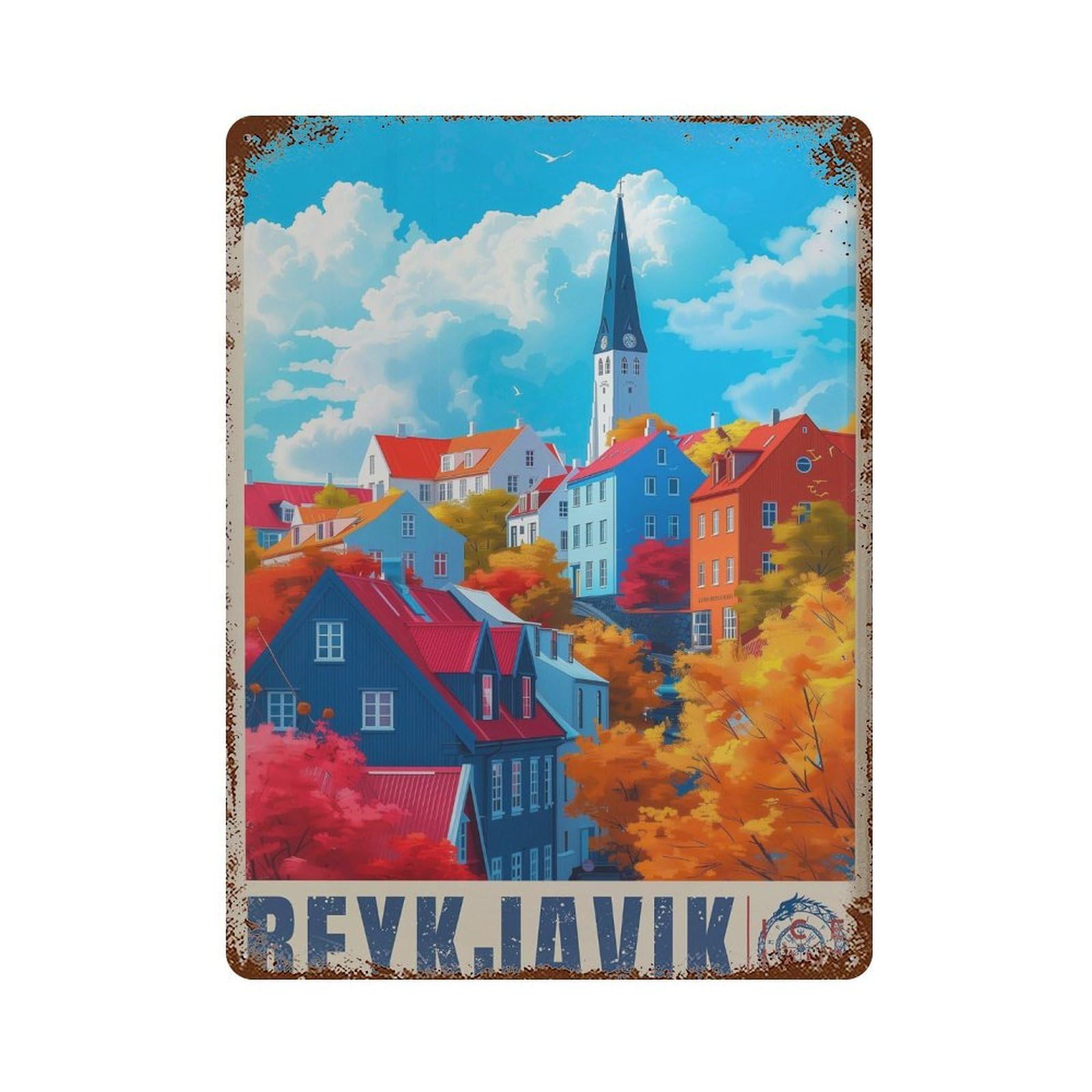 xiaoxiaoshen Reykjavik Iceland Colorful Cityscape Travel Wall Decor Art Metal Tin Poster Modern Home Decor Art Home Bar Shop Decorations Vintage Sign 40x30cm
