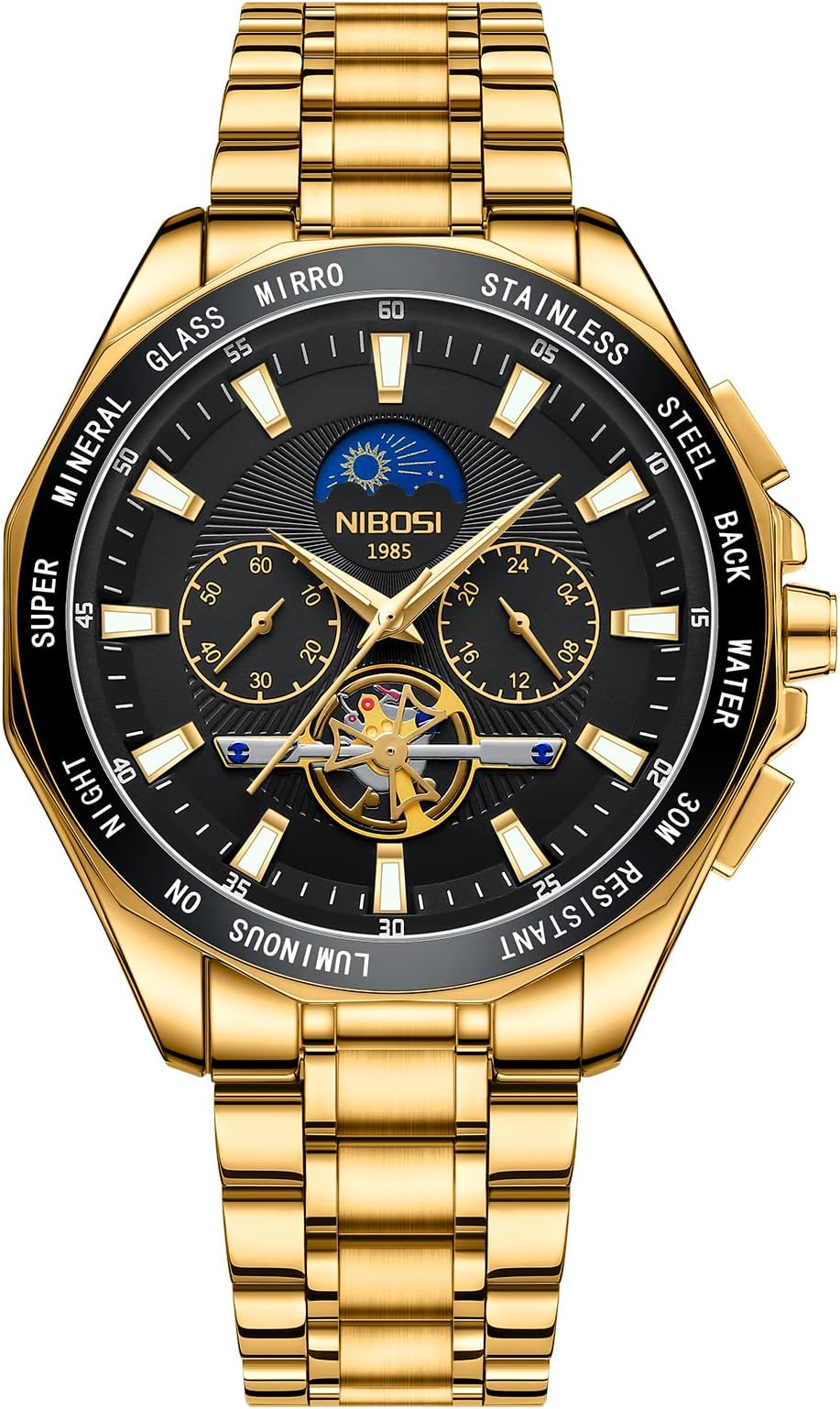 NIBOSIMen's Watches Analog Chronograph Quartz Gold Watches for Men Business Waterproof Military Stainless Steel Wrist Watches Date Calendar