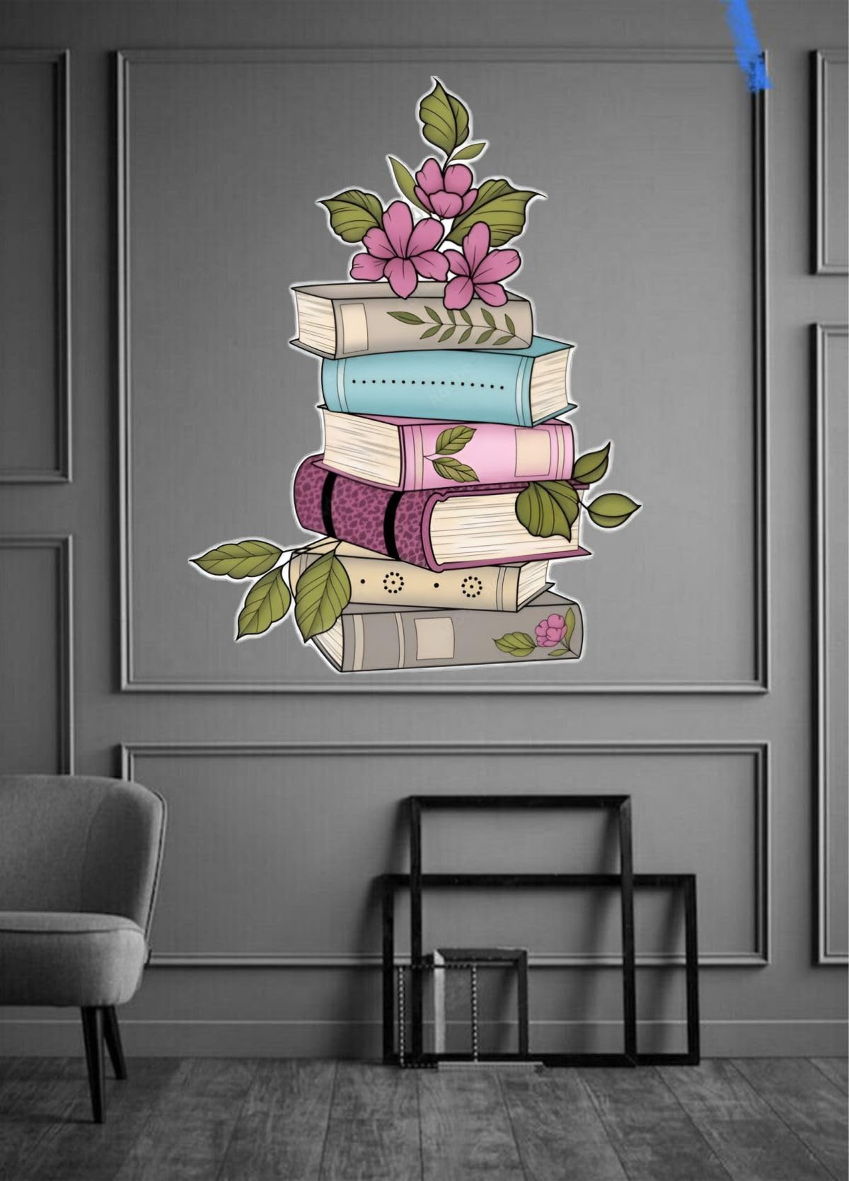 Floral Books Wall Sticker 60 x 77 CM | Aesthetic Book Stack Wall Decal for Kids Room, Study Room, Library & Classroom | Self Adhesive Decorative Wall Poster-image-14