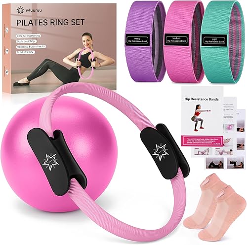 Kit esencial de pilates para mujeres caseras, juego de anillos y pelotas, equipo de pilates para entrenamientos, 3 bandas de resistencia, calcetines