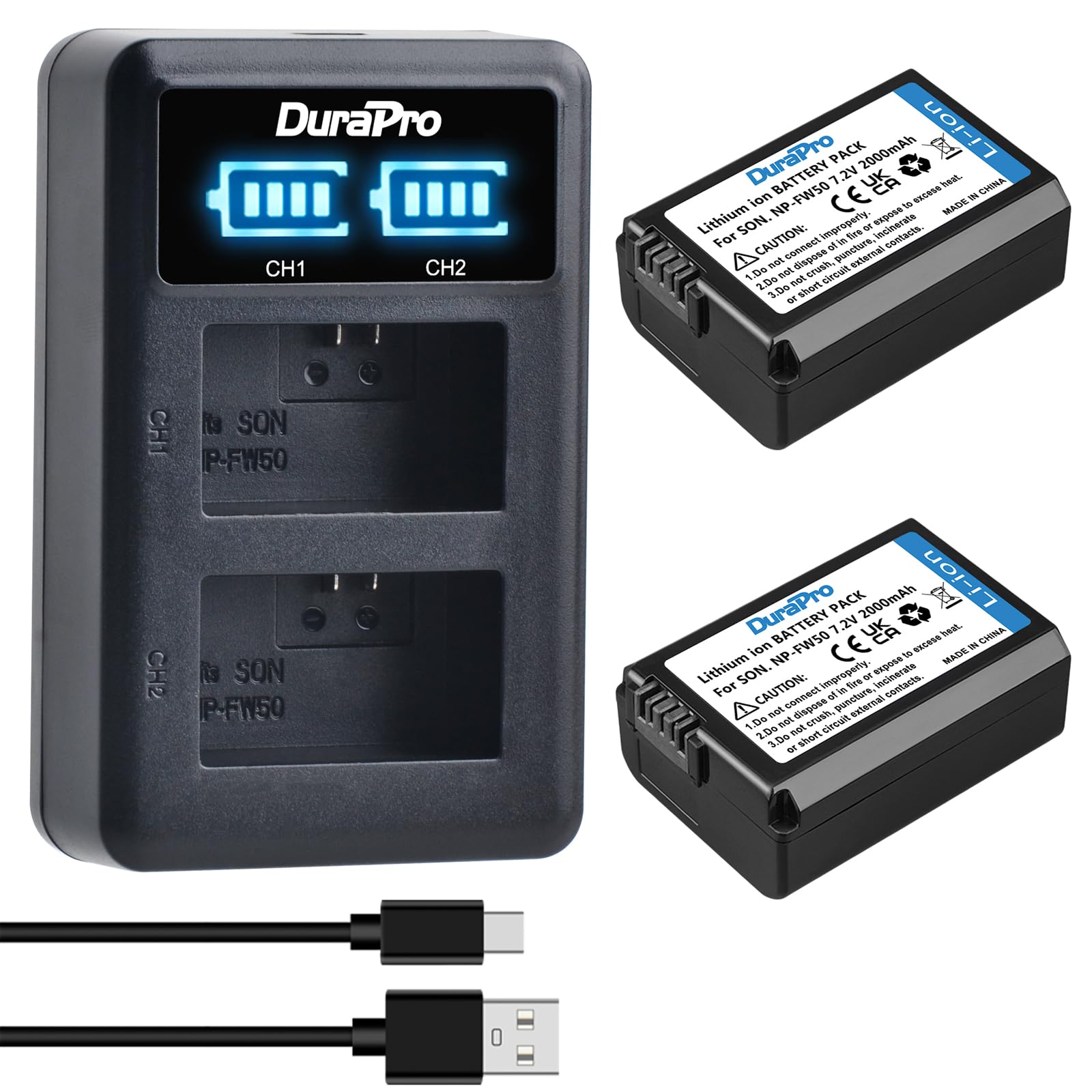 DuraPro 2X NP-FW50 Akku + LED USB Dual Ladegerät für Sony Alpha7 7ii 6500 6400 6300 6000 5100 SLT A55V A33 A35 A37 NEX-7 NEX-6 NEX-F3 NEX-3 NEX-5 NEX-5N NEX-5T Kamera