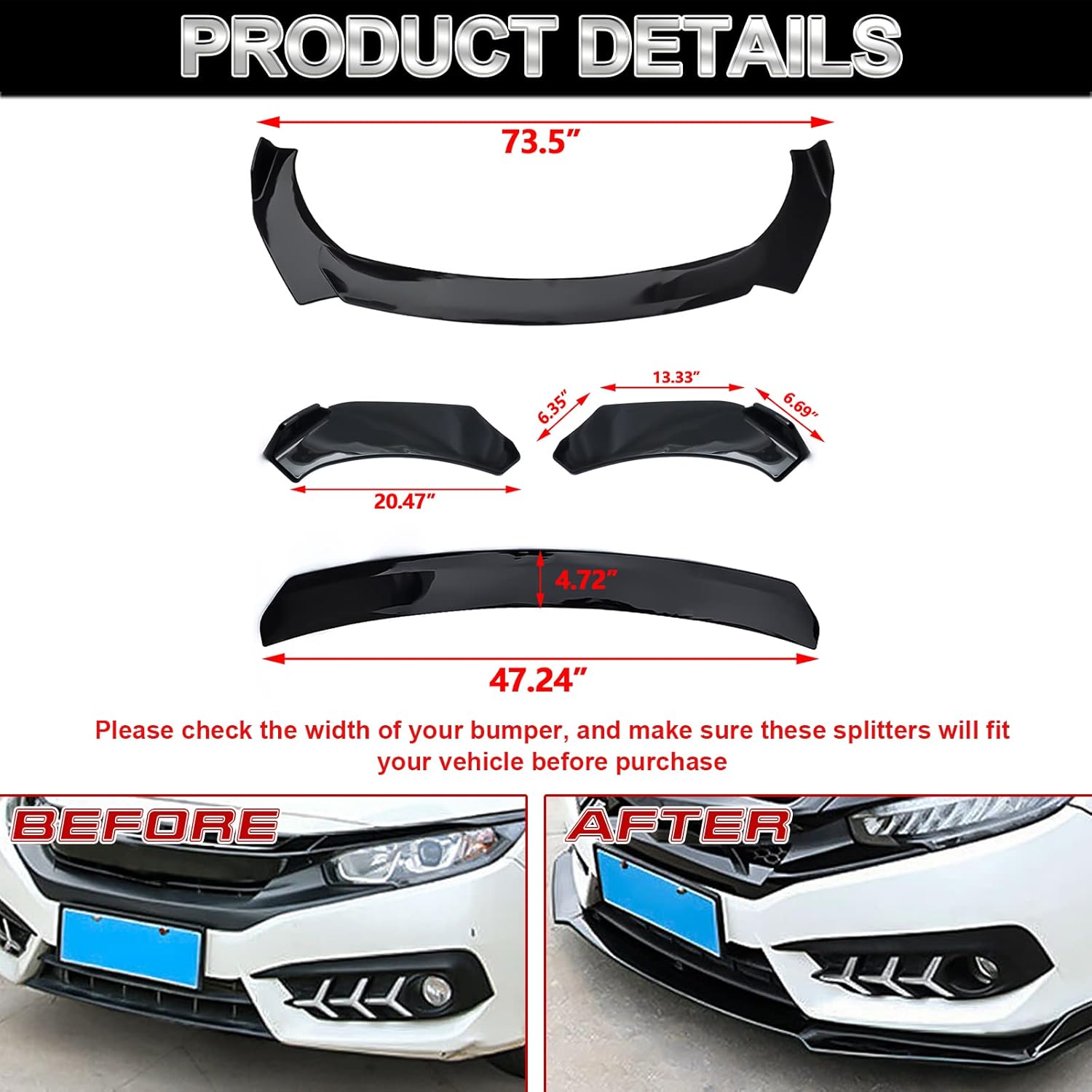 x xotic tech Front Bumper Lip Chin Spoiler Splitter Diffuser Guard Wing Protector Trim Car Body Kit, Universal Fit for Most Cars (Gloss Black) 3pcs…