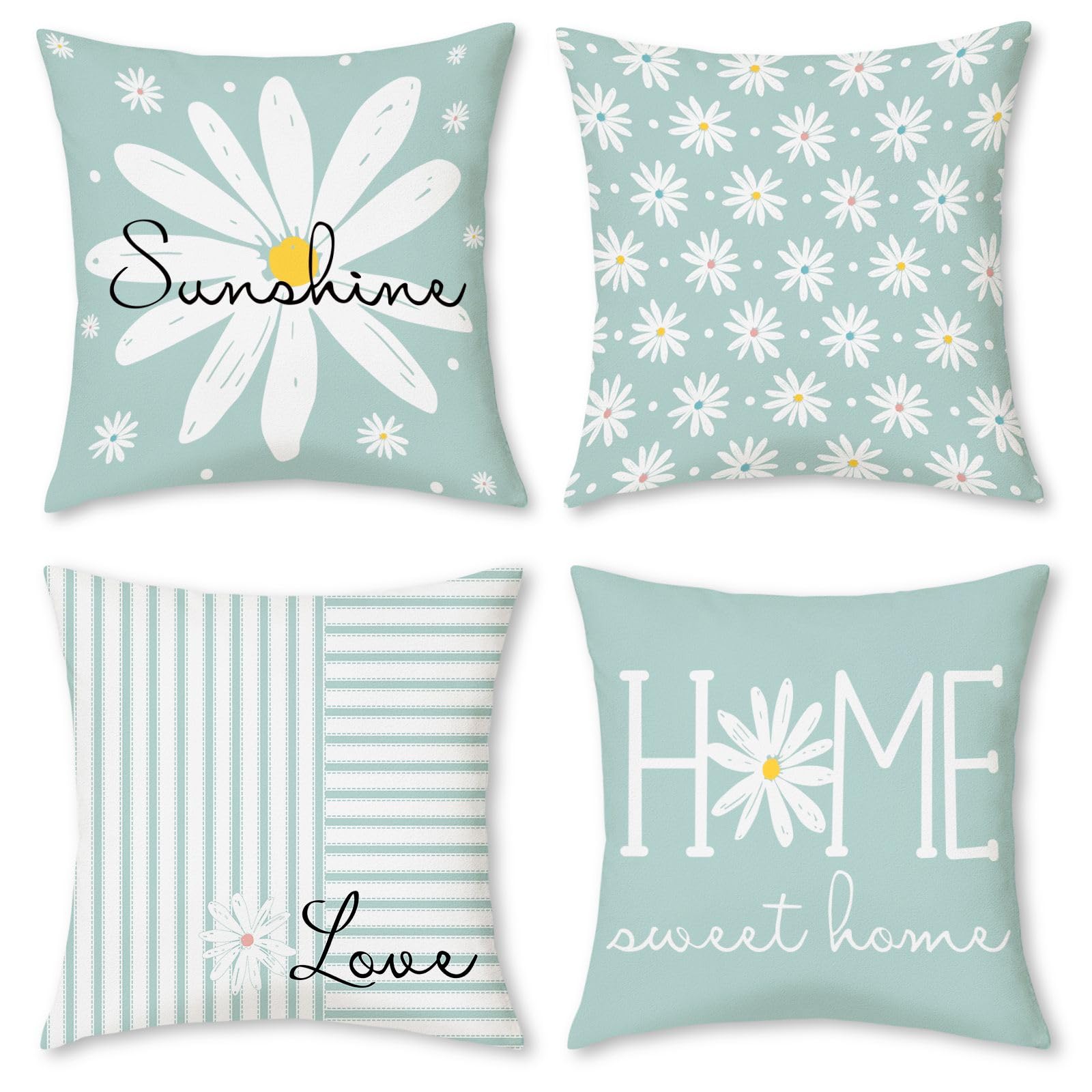 Hopomoon Spring Blue Daisy Cushion Covers Set of 4,Floral Daisy Striped Farmhouse Decorative Short Plush Fabric Square Pillowcase for Couch Sofa Indoor Home Decor,45 X 45 cm