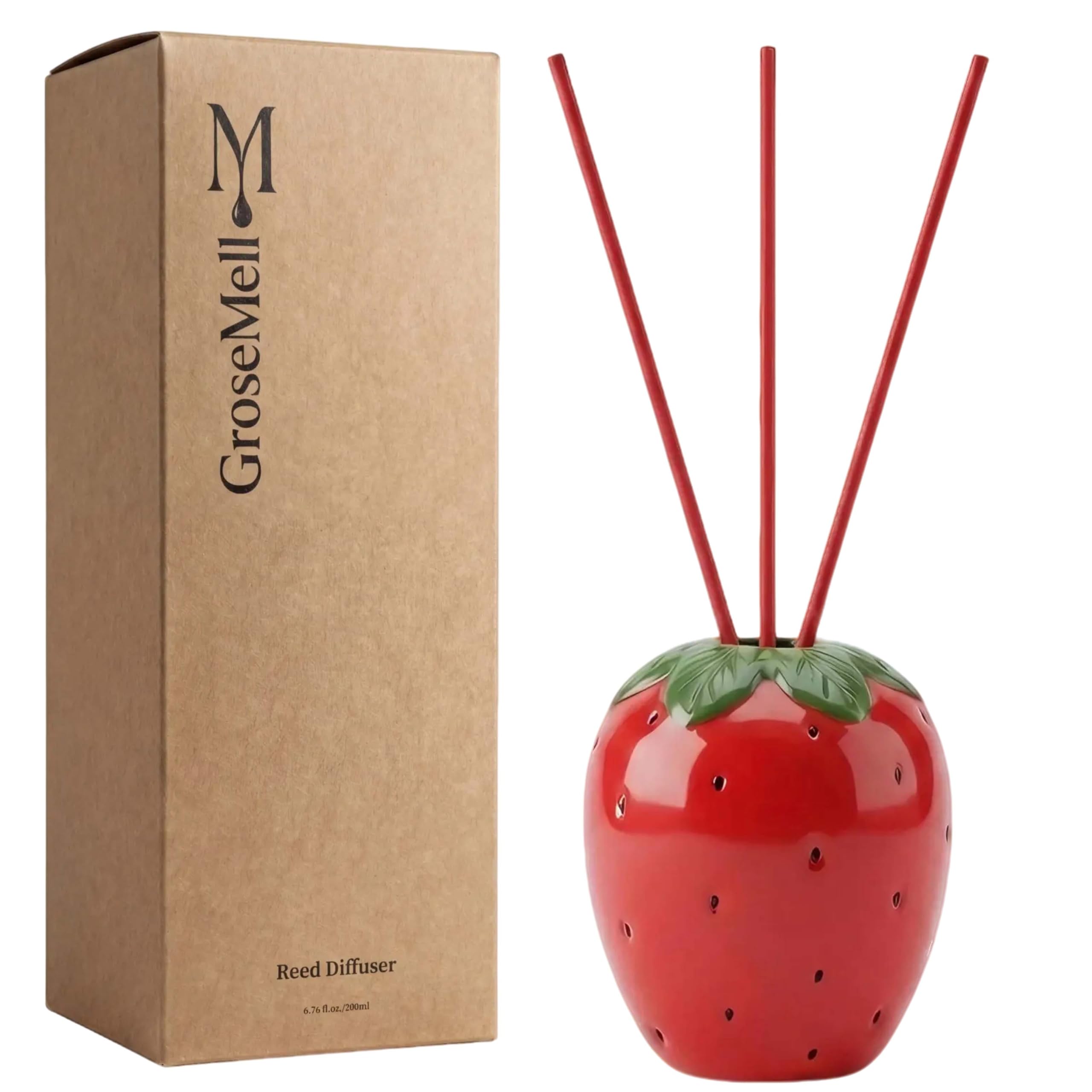Strawberry Scented Reed Diffuser Set – 6.76 fl oz (200ml) with Sticks, Creative Strawberry-Shaped Ceramic Design for Home, Bedroom &amp; Bathroom Decor, Long Lasting Aromatherapy Gift