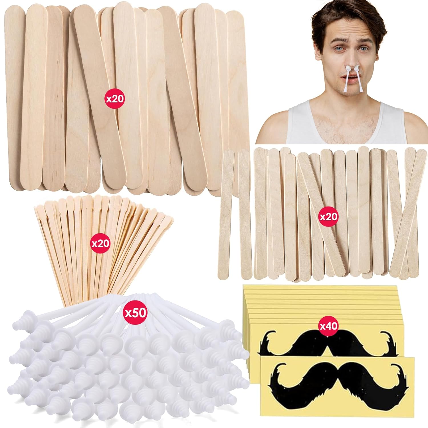 BLITZWAX Nose Wax Sticks for Hard Wax Hair Removal 110pcs Waxing Sticks Kit for Beard, Armpits, Chest, Back and Legs Applicators for Men’s At-Home Waxing, Includes 40pcs Mustache Guards