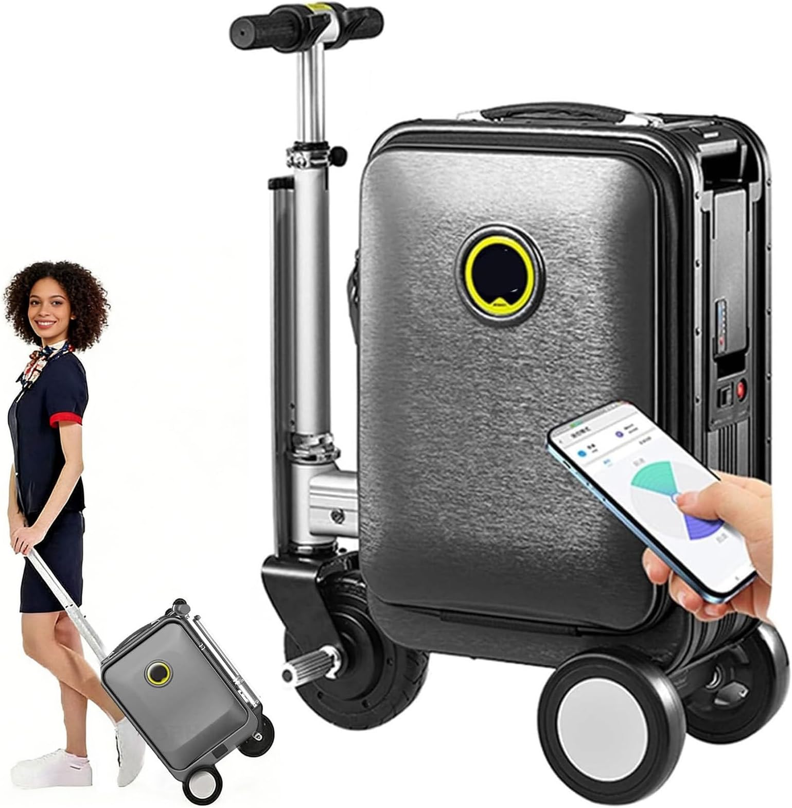 Smart Rideable Suitcase 20L Carry-On Electric Suitcase with Removable Battery, Forward-Brake-Reverse, Speed 13 Km/H, Ride on Scooter Luggage for Adults, with USB Port Black