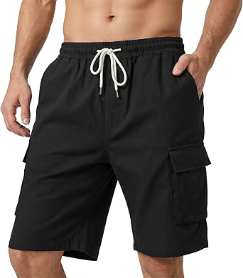 Mens Linen Cargo Shorts Lightweight Elastic Waist Drawstring Summer Casual Beach Shorts with 4 Pockets 2026