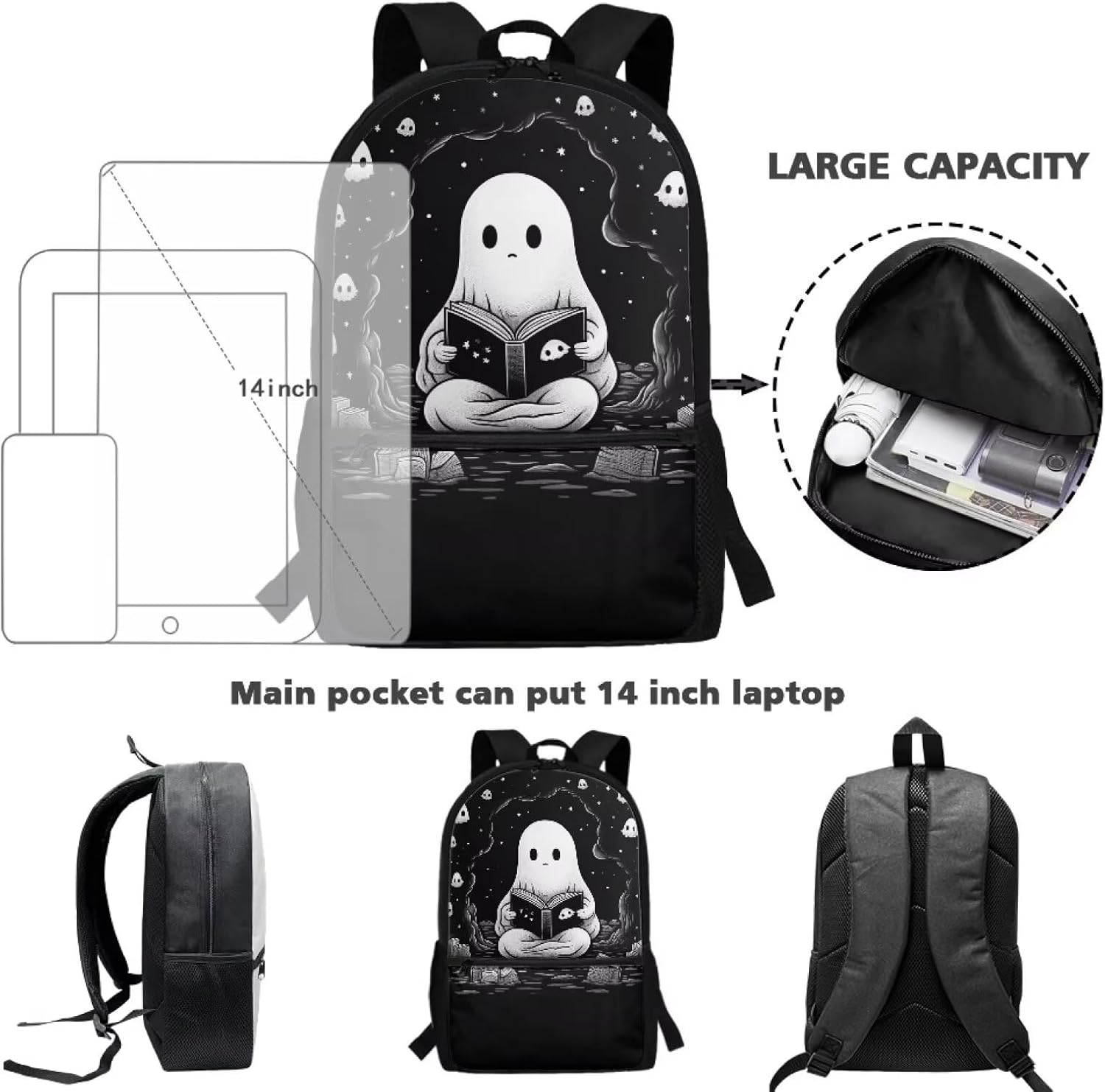Kids Backpack for School Cute Spooky Bookbag 17 Inch School Bag for Boys Girls Middle Elementary Preschool Back Pack Purse Black Bag Pack Satchel Rucksack Travel Daypack School Supplies