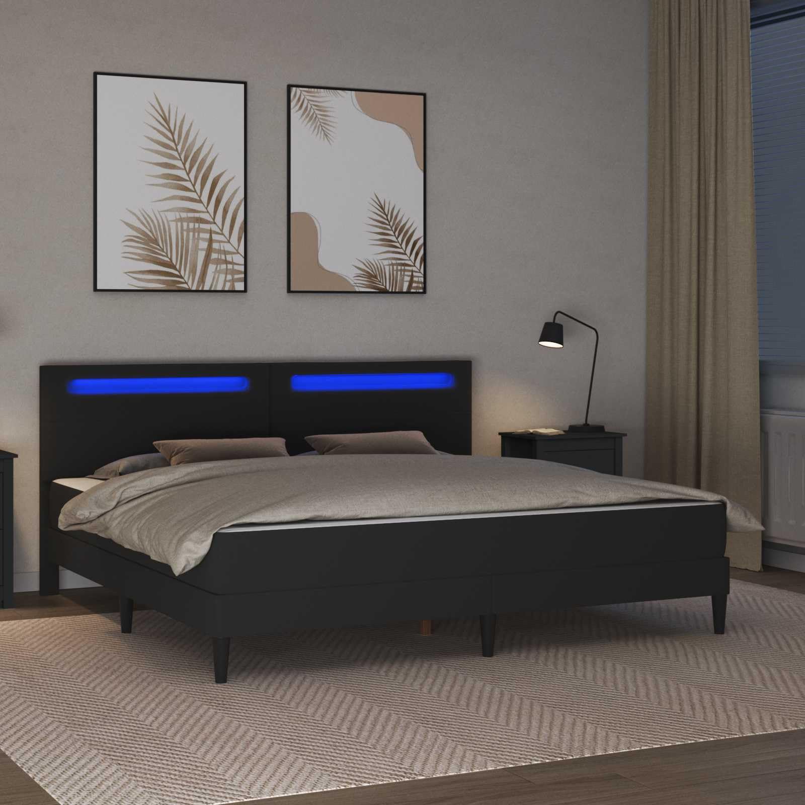 Rama łóżka z materacem, czarna, 180 x 200 cm, sztuczna skóra, oświetlenie LED, rdzeń ze sprężyn kieszeniowych, materac rolowany z zimnej pianki, do sypialni, dla gości, podwójne łóżko na