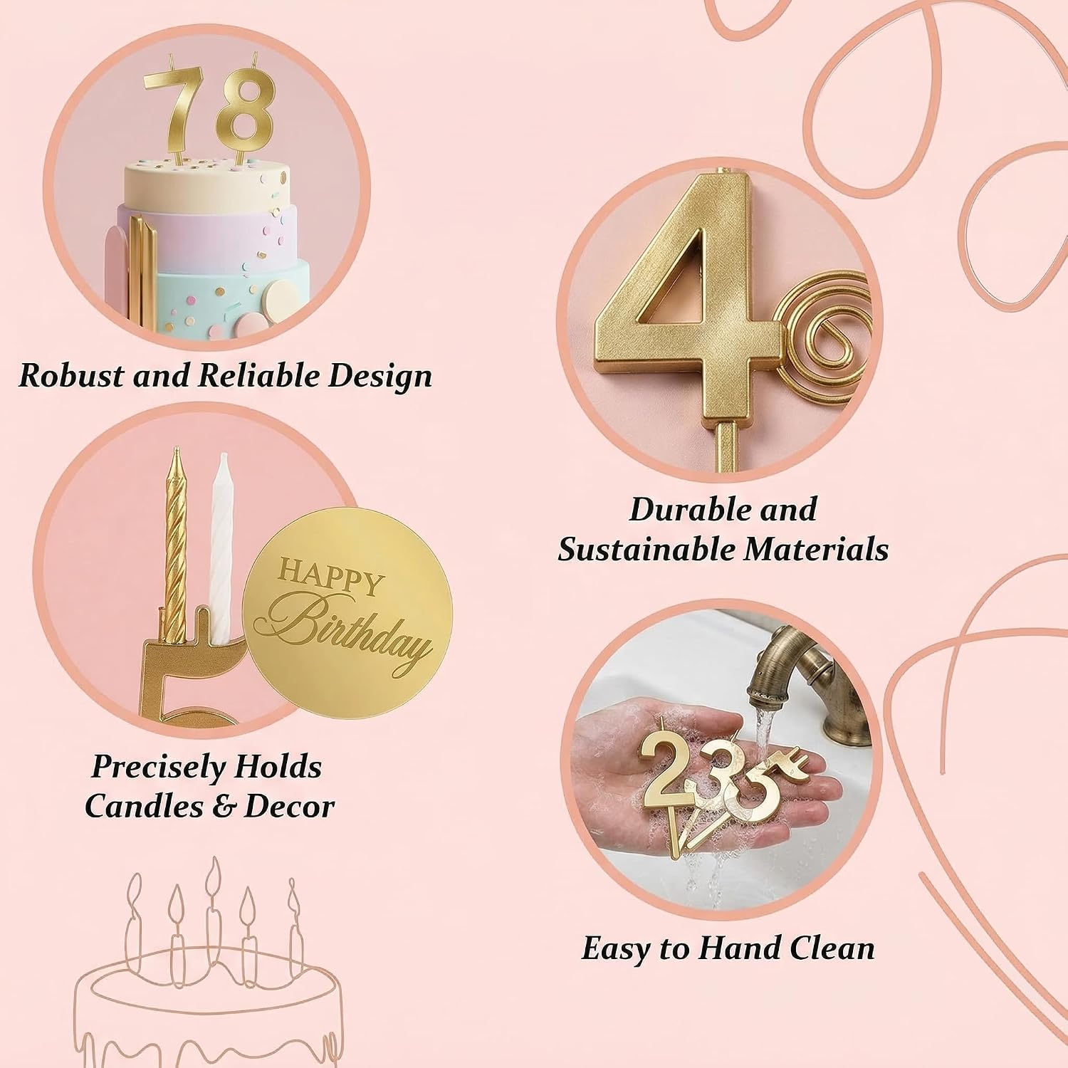 2Sets Metal Reusable Number Candle Holder Set Cakes 2Round Acrylic Happy Birthday Signs Decorations Adjustable Candles Digital Birthday Cake Candle Holder Set Suitable for Birthday Party