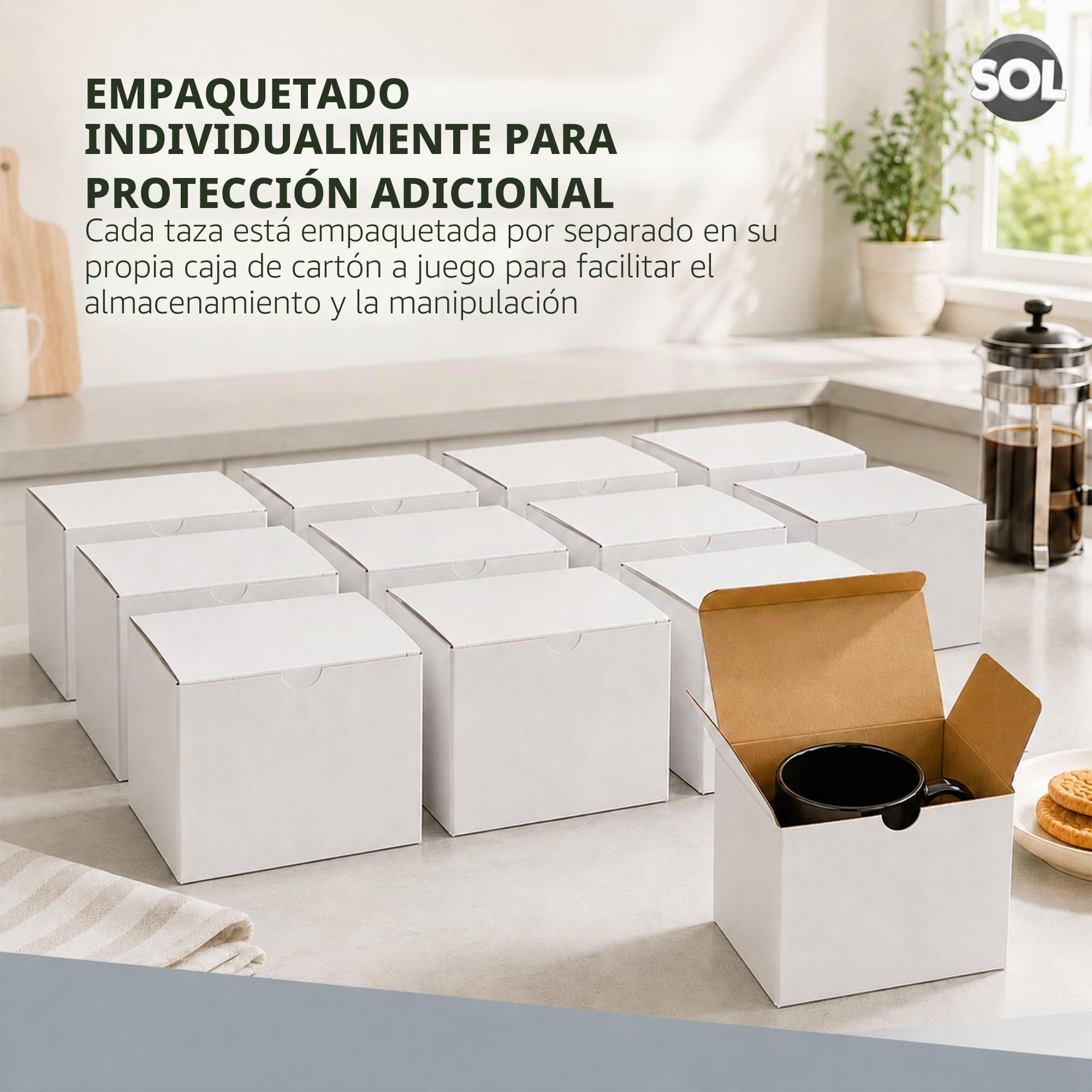 SOL Juego de 12 tazas de cerámica negras de 11 onzas para té y café, juego de vasos duraderos para el hogar, oficina, cafetería, restaurante, diseño apilable, apto para microondas y lavavajillas, apto