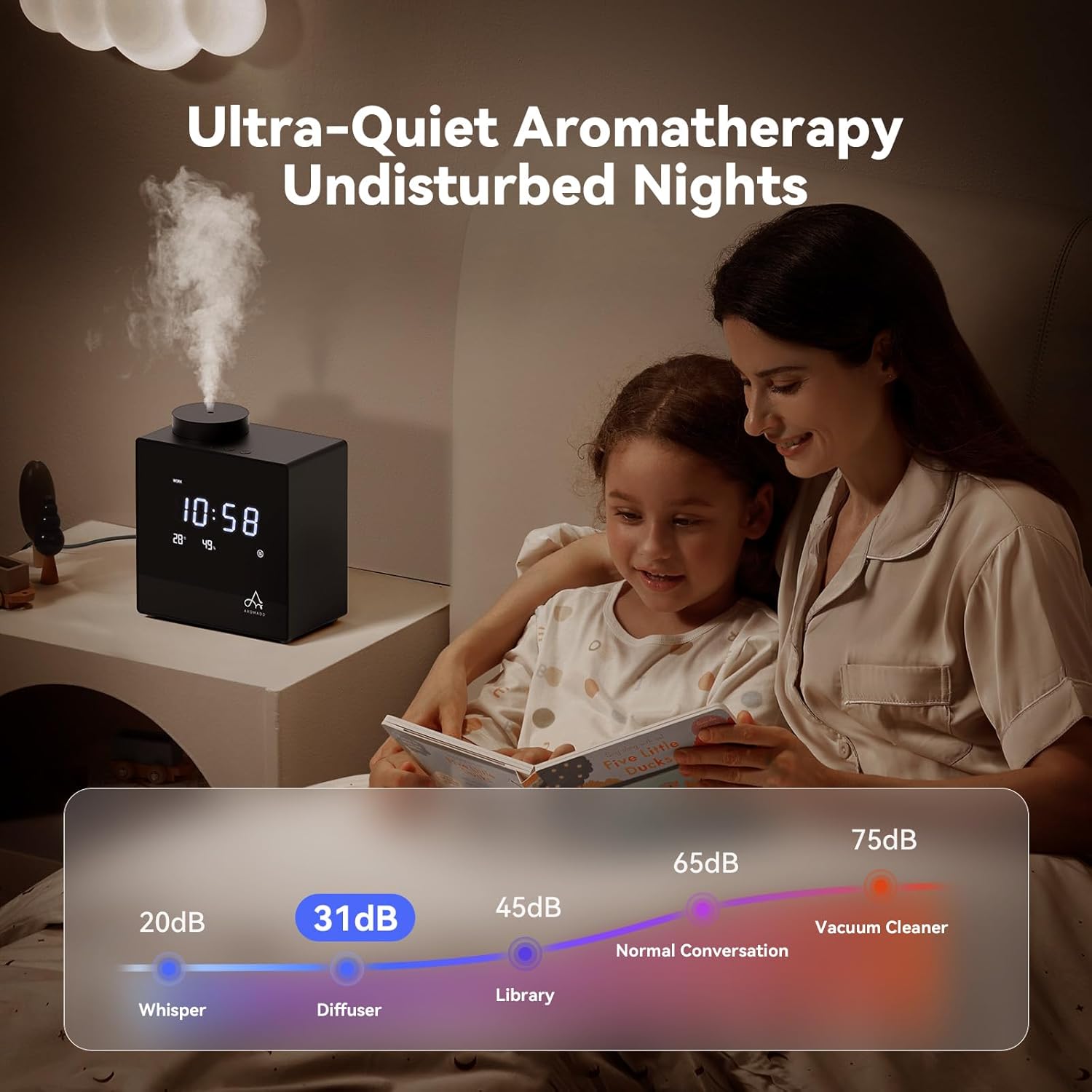 Aromadd U2 Diffuser on a bedside table with a sleeping child and mother, highlighting its ultra-quiet operation at 31dB.