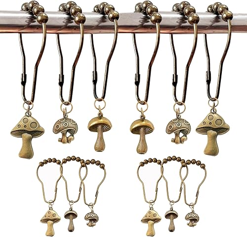 Ganchos para cortina de ducha de hongos, 12 piezas de metal a prueba de óxido, lindos anillos retro para cortina de ducha con hongos para decoración