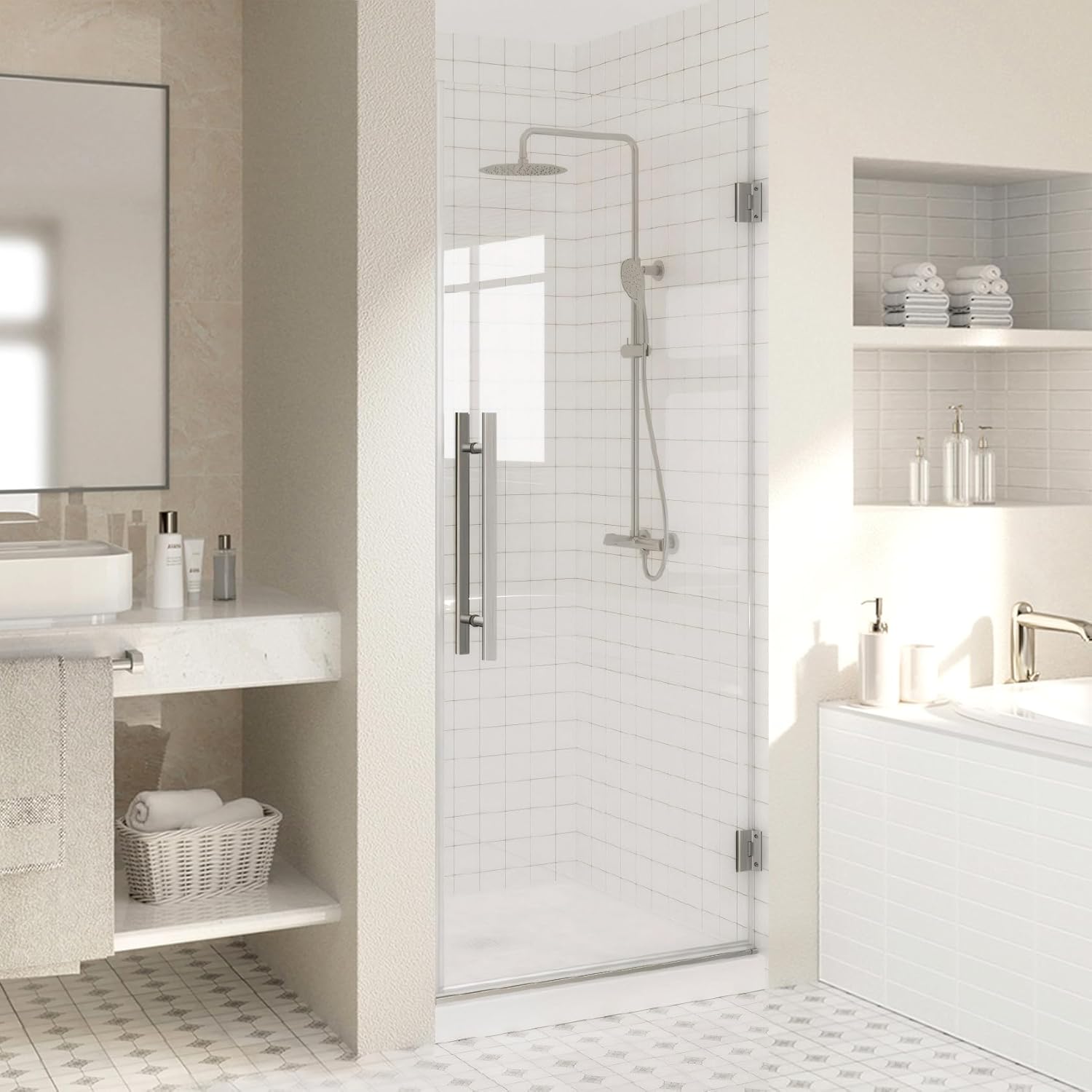 fully frameless wall hinge shower door with 5/16"(8mm) tempered glass?hinged single swing shower door by easy clean coating glass, matte black (28" × 72", brushed nickel) brushed nickel 28" × 72"