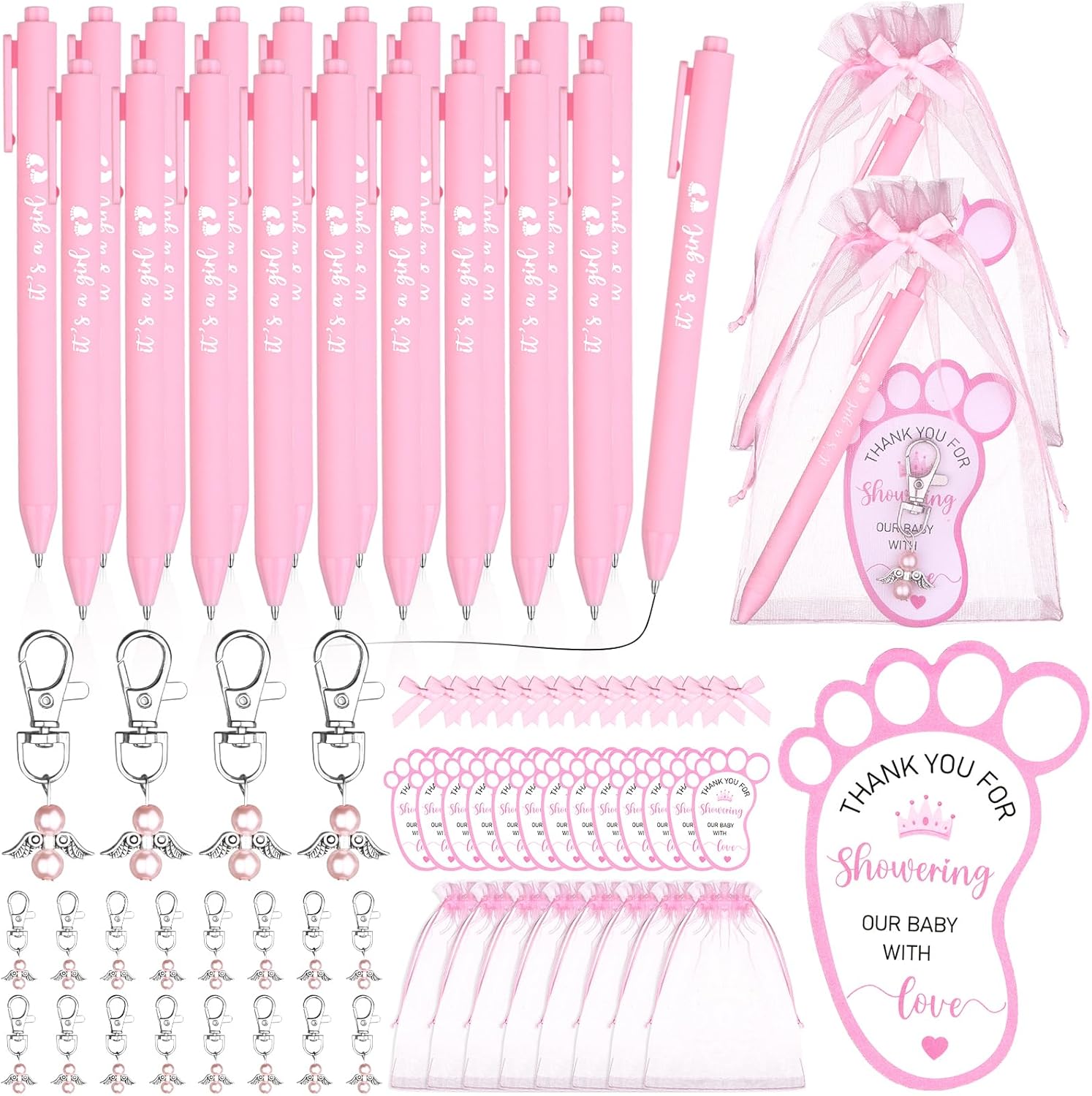 100 Pcs Pink Baby Shower Favours for Guests Includes Ballpoint Pens Angel Keychains Organza Bags Bows Thank You Cards, Baby Shower Return Gifts Thank You for Guests Gender Reveal Party Game Prizes