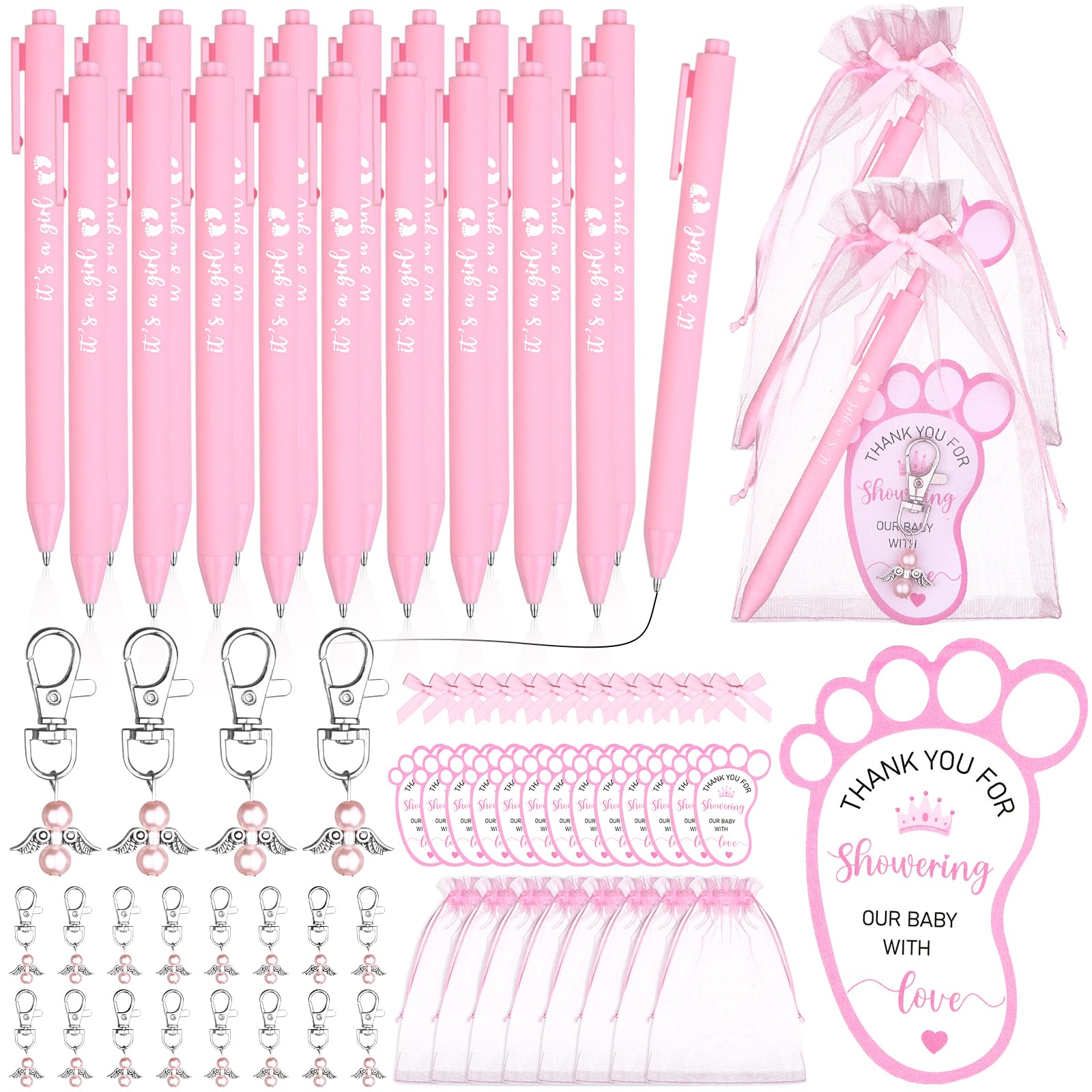 20 Sets Baby Shower Favours for Guests Includes Ballpoint Pens Angel Keychains Organza Bags Bows Thank You Cards