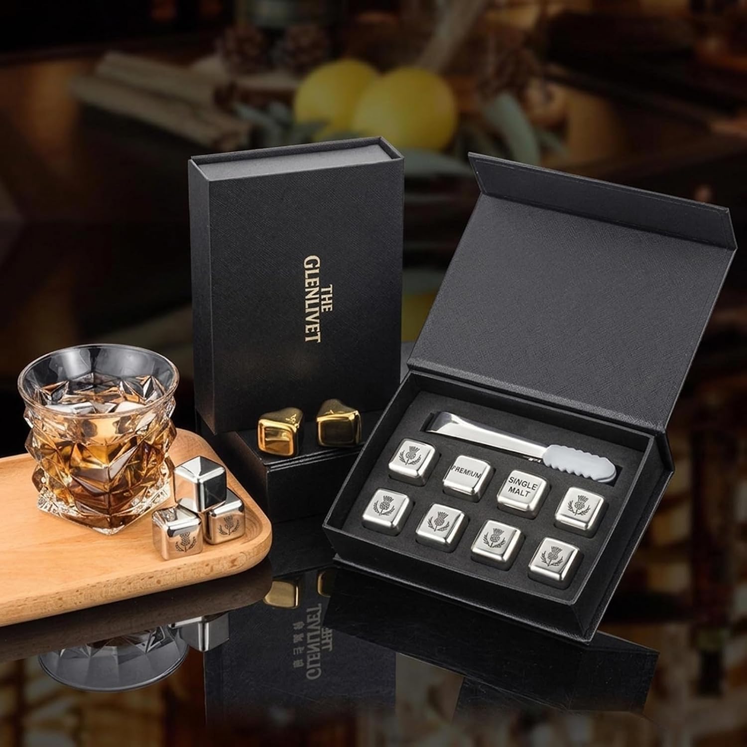 Personalized Whiskey Stones Set | Custom Engraved Stainless Steel Ice Cubes with Tong, Reusable Chilling Rocks for Whiskey Bourbon, Gift for Men Whiskey Lovers, Birthdays & Holidays